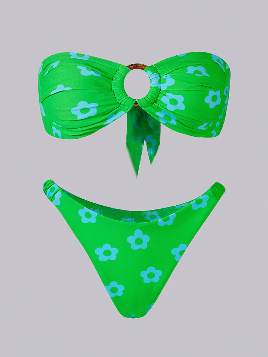Green Floral Print Double layer Bikini Set - Image 5