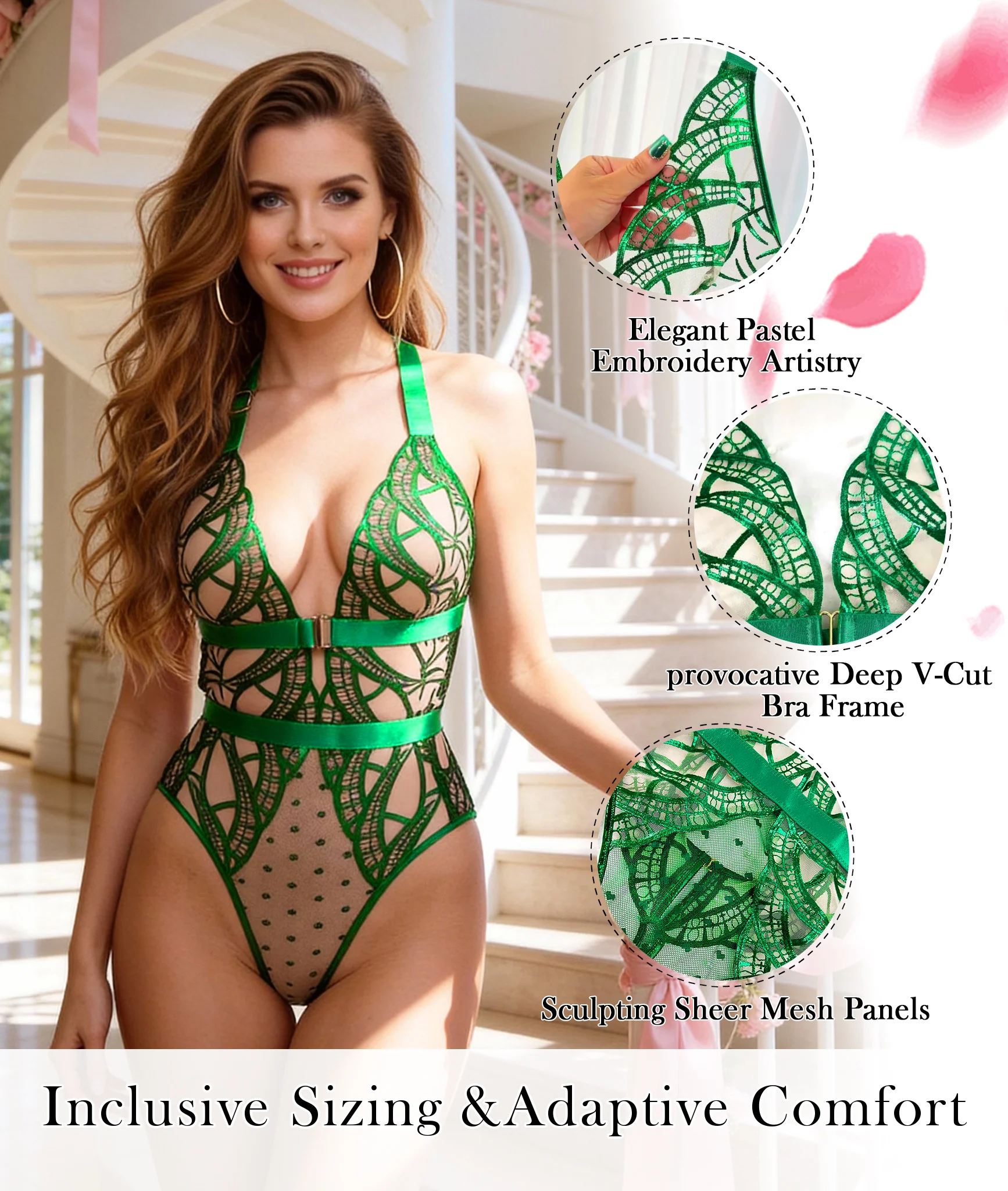 Green Foil Lace Seductive Sheer Bodysuit - Image 12