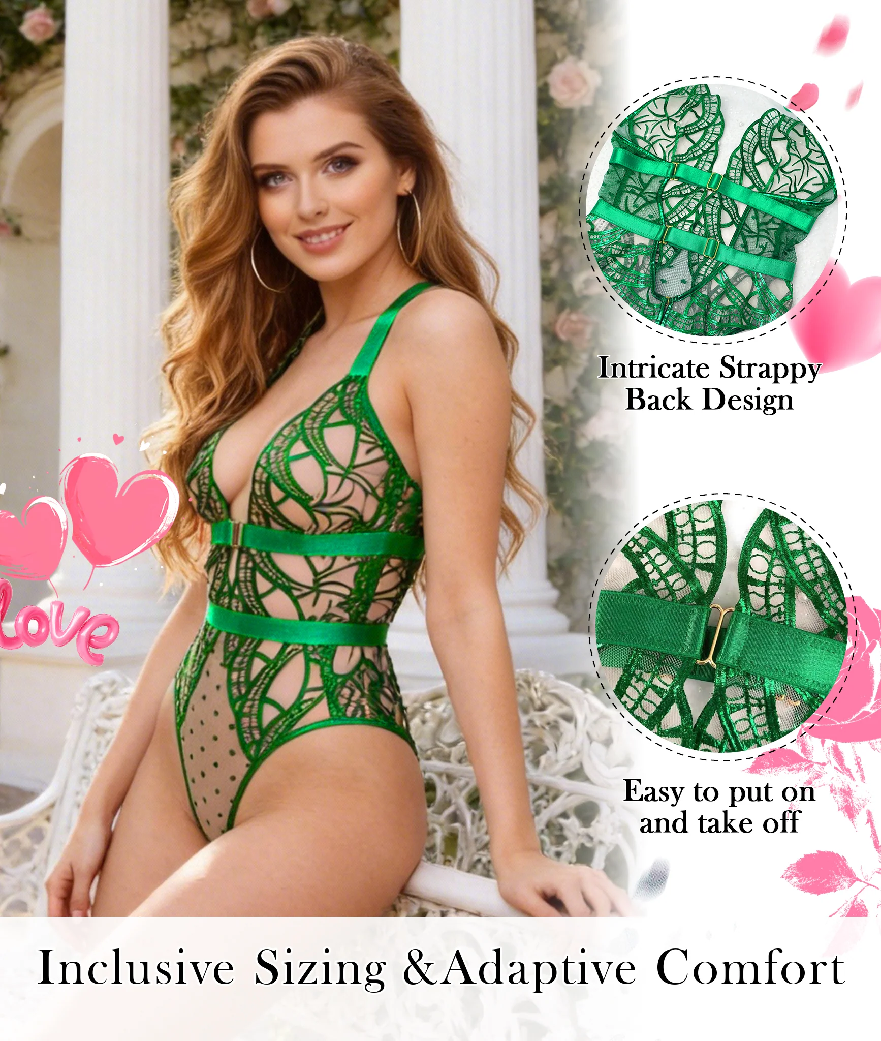 Green Foil Lace Seductive Sheer Bodysuit - Image 14