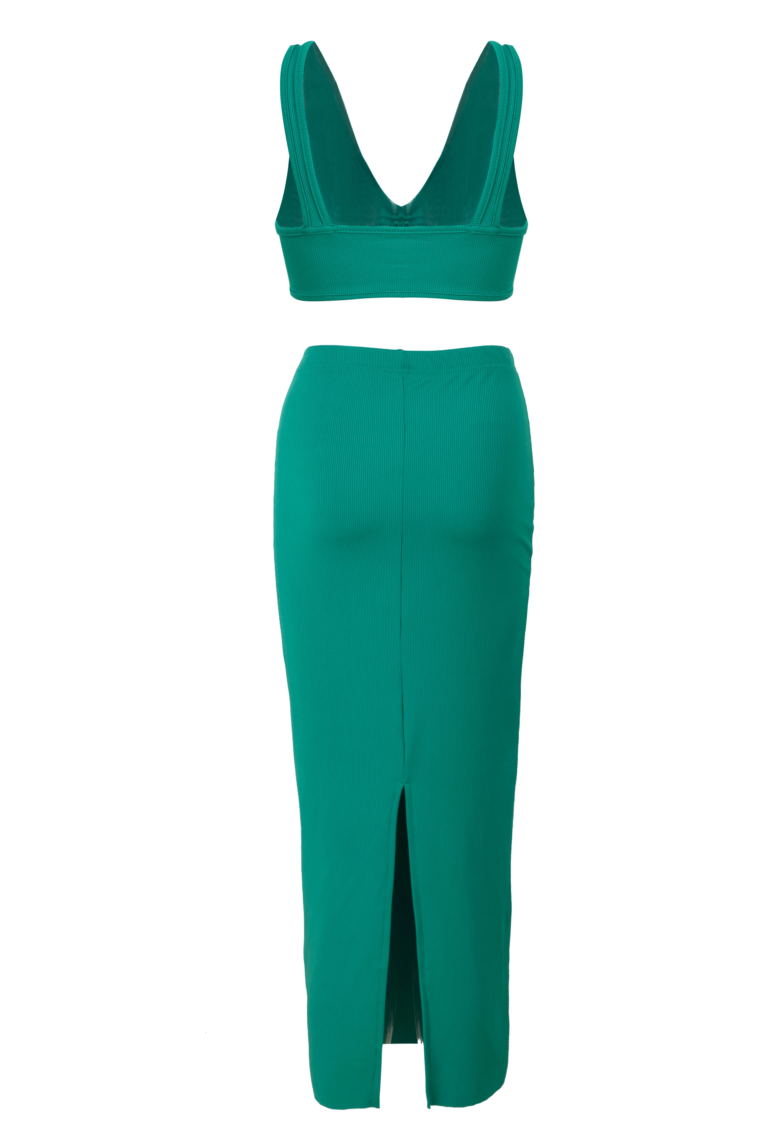 Green Knitted Tie Front Sleeveless Crops Top With Slit Long Dress - Image 3
