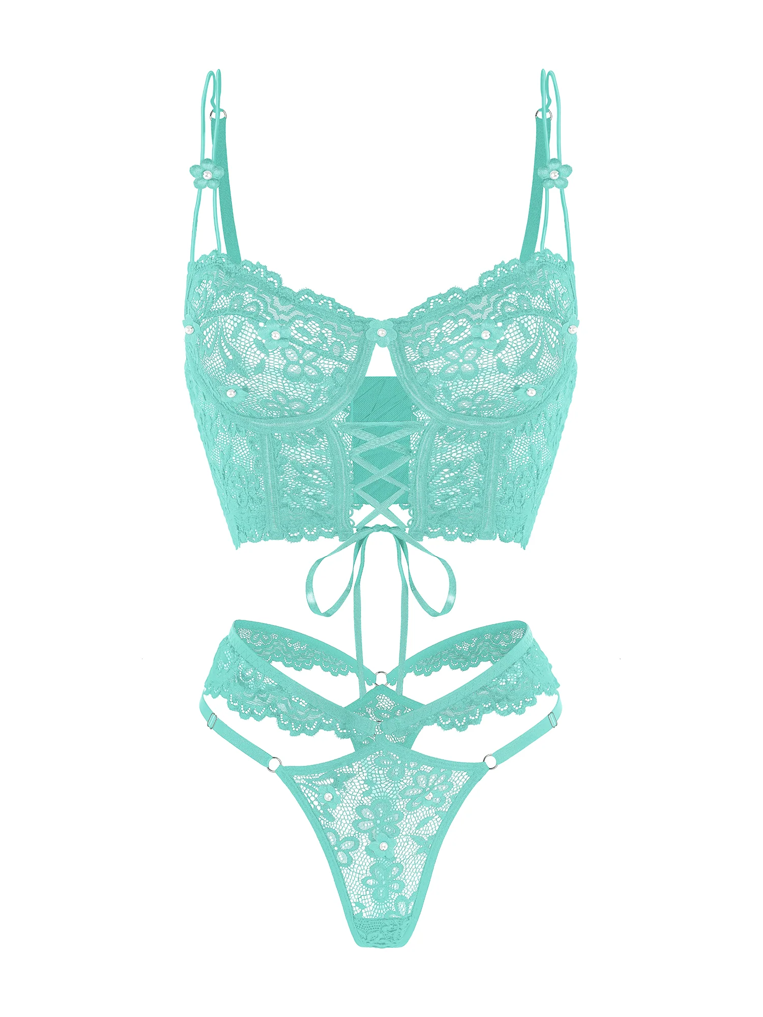 Green Pearls Flower Lingerie Set - Image 3