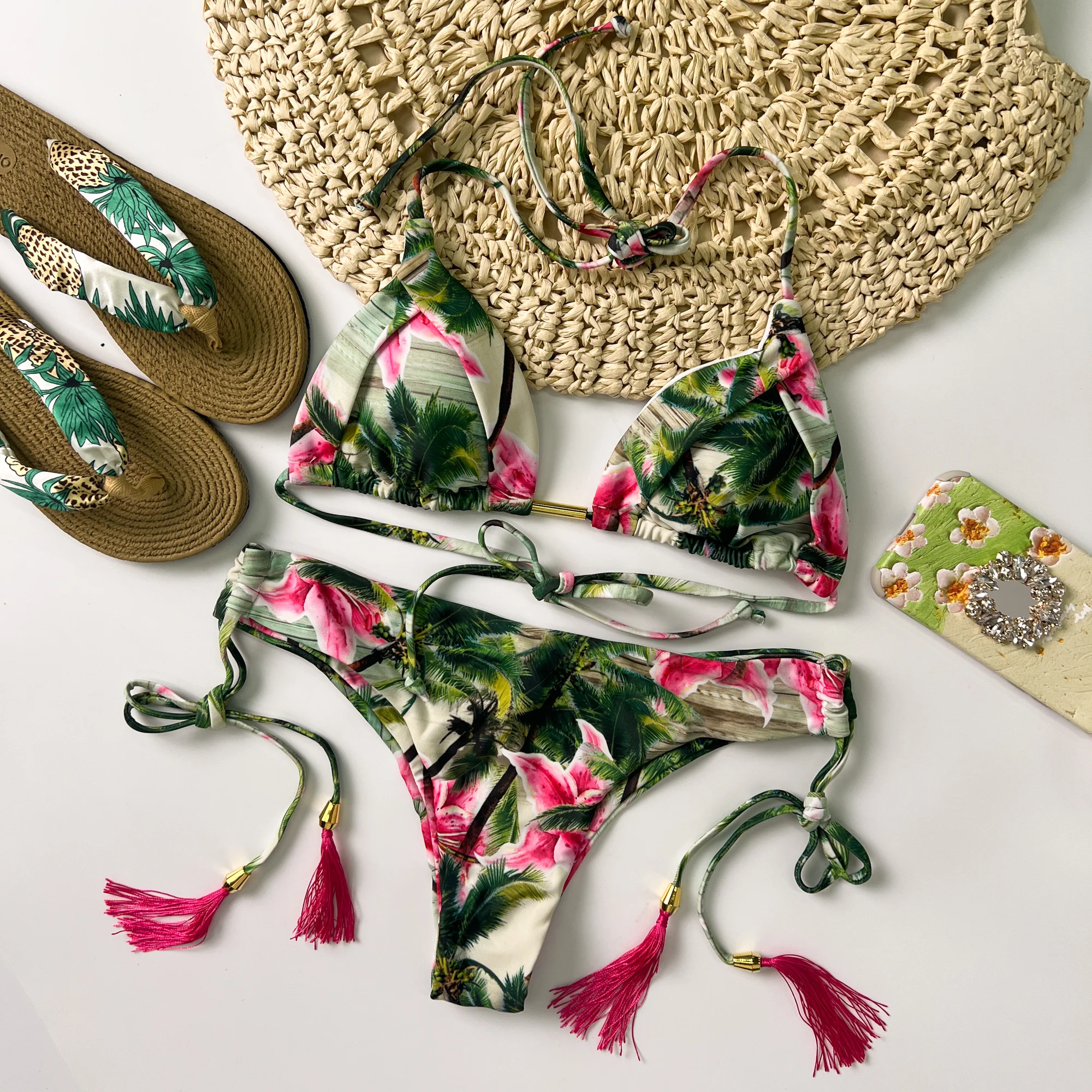 Green & Pink Floral Halter Adjustable Triangle Bikini Set - Image 3