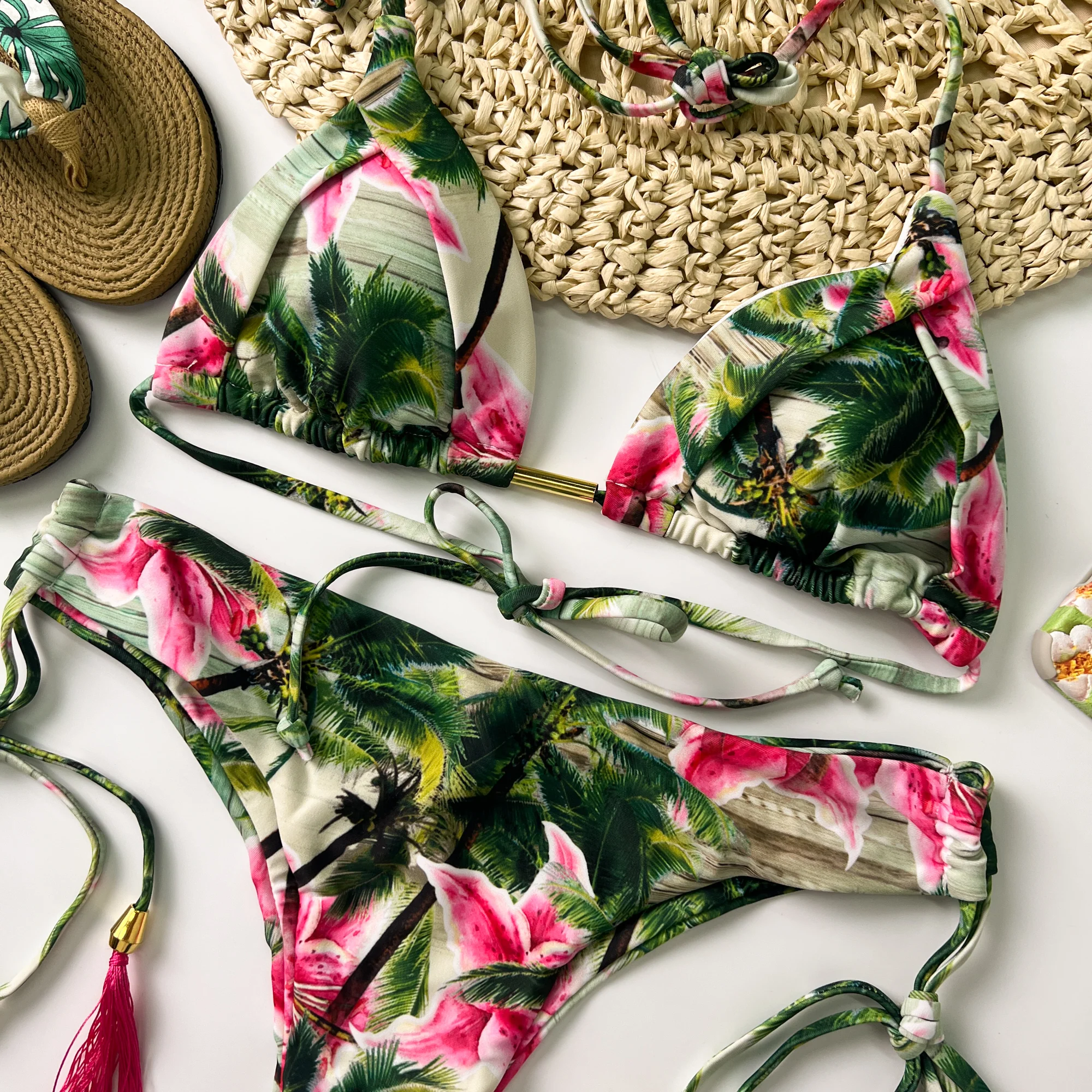Green & Pink Floral Halter Adjustable Triangle Bikini Set - Image 4