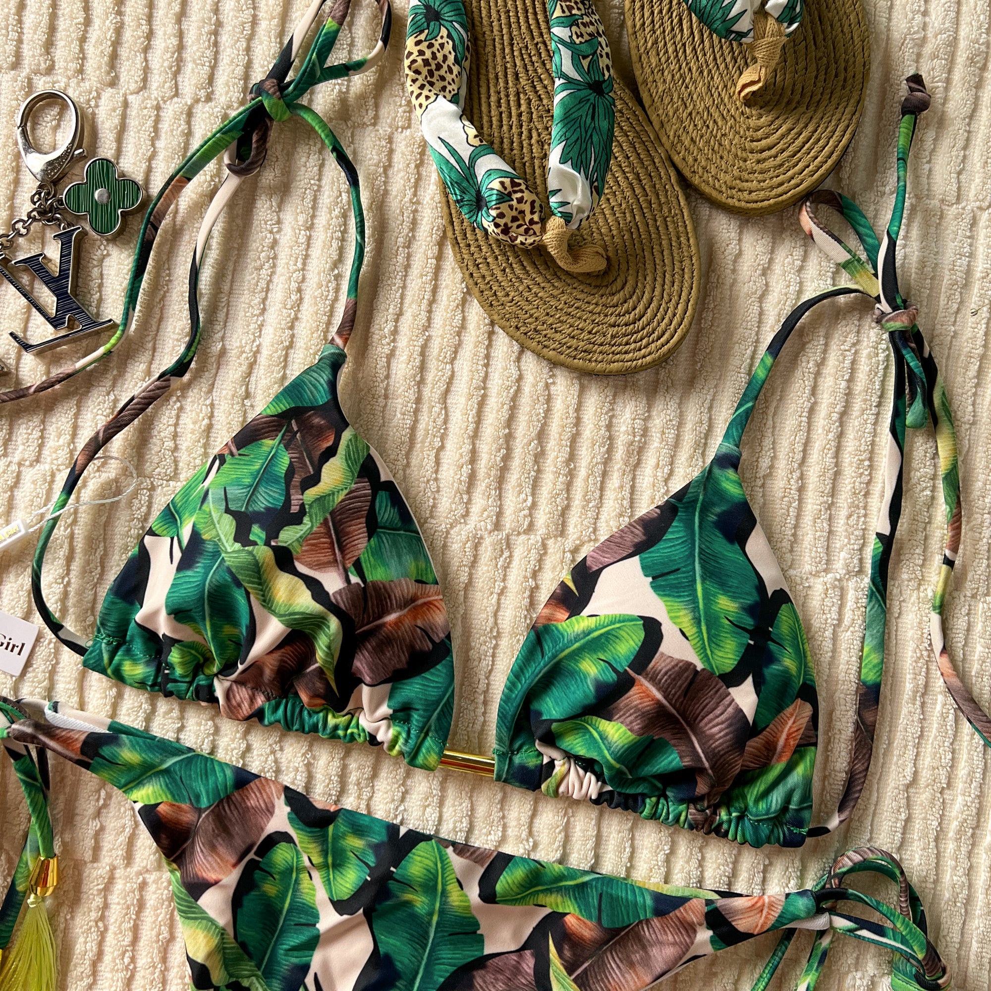 Green Tropical Leaves Halter Adjustable Triangle Bikini Set - Image 5