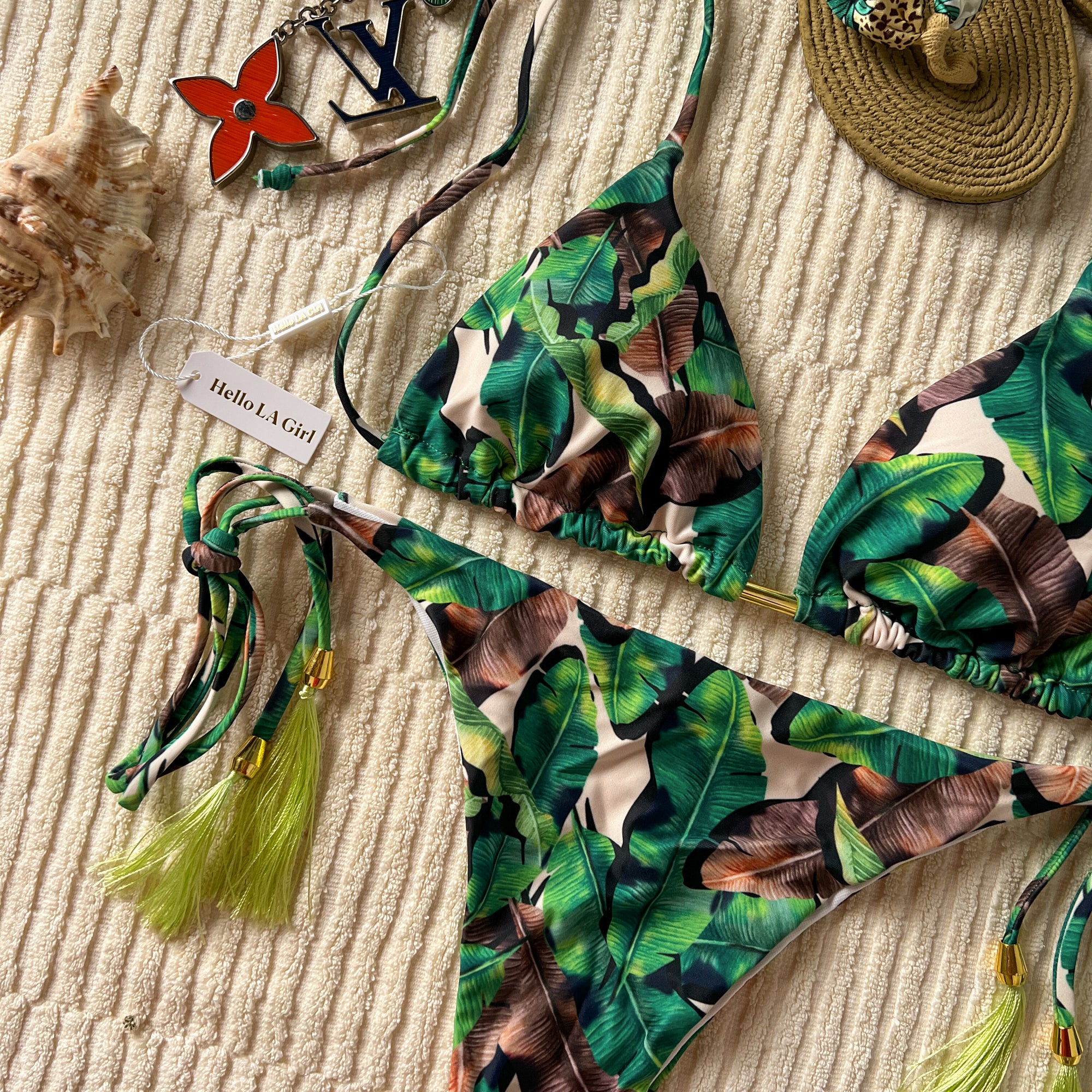 Green Tropical Leaves Halter Adjustable Triangle Bikini Set - Image 6