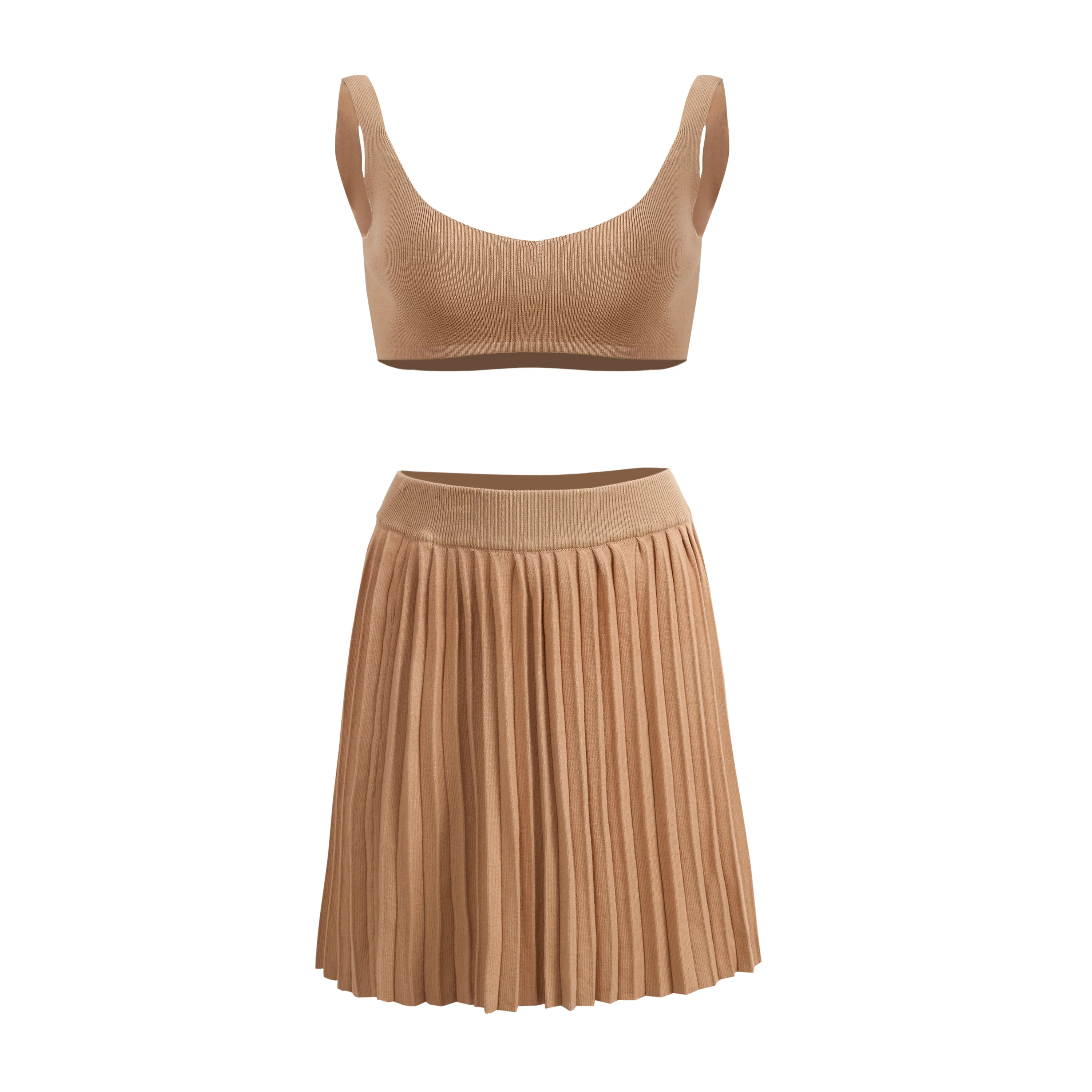 Khaki Sleeveless Bra Crop Tops With Pleated Short A-line Dress - Image 2