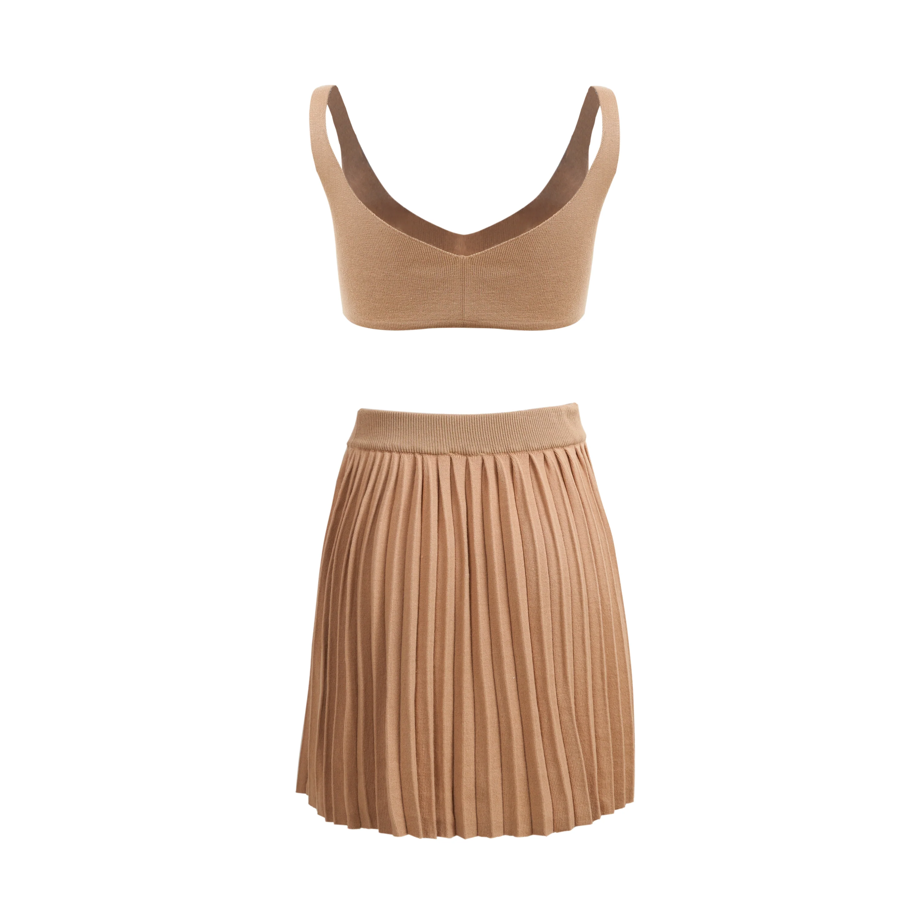 Khaki Sleeveless Bra Crop Tops With Pleated Short A-line Dress - Image 3