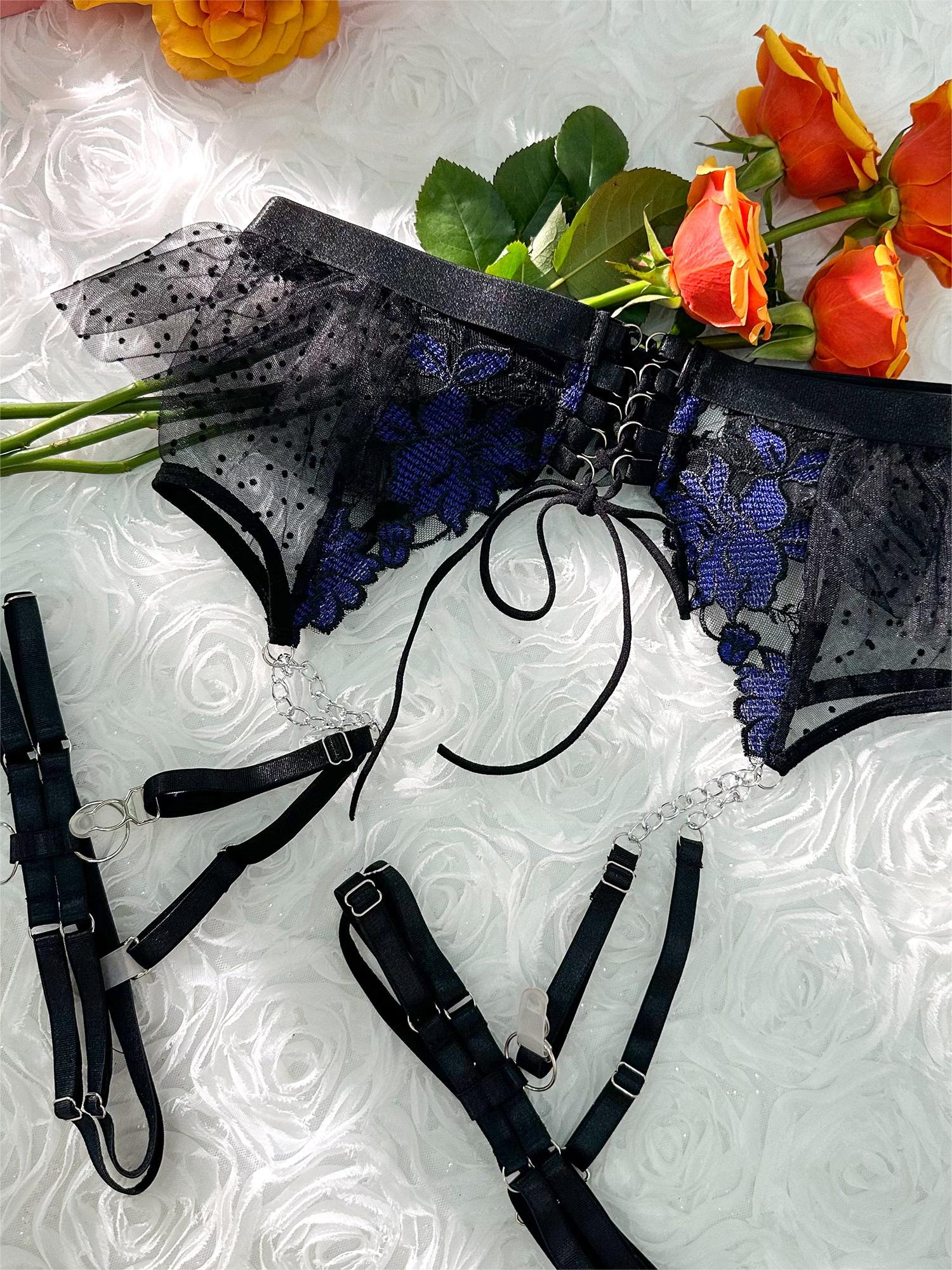Black&Blue Lace Tie Adjustable Sculpting Body Lingerie Set - Image 11
