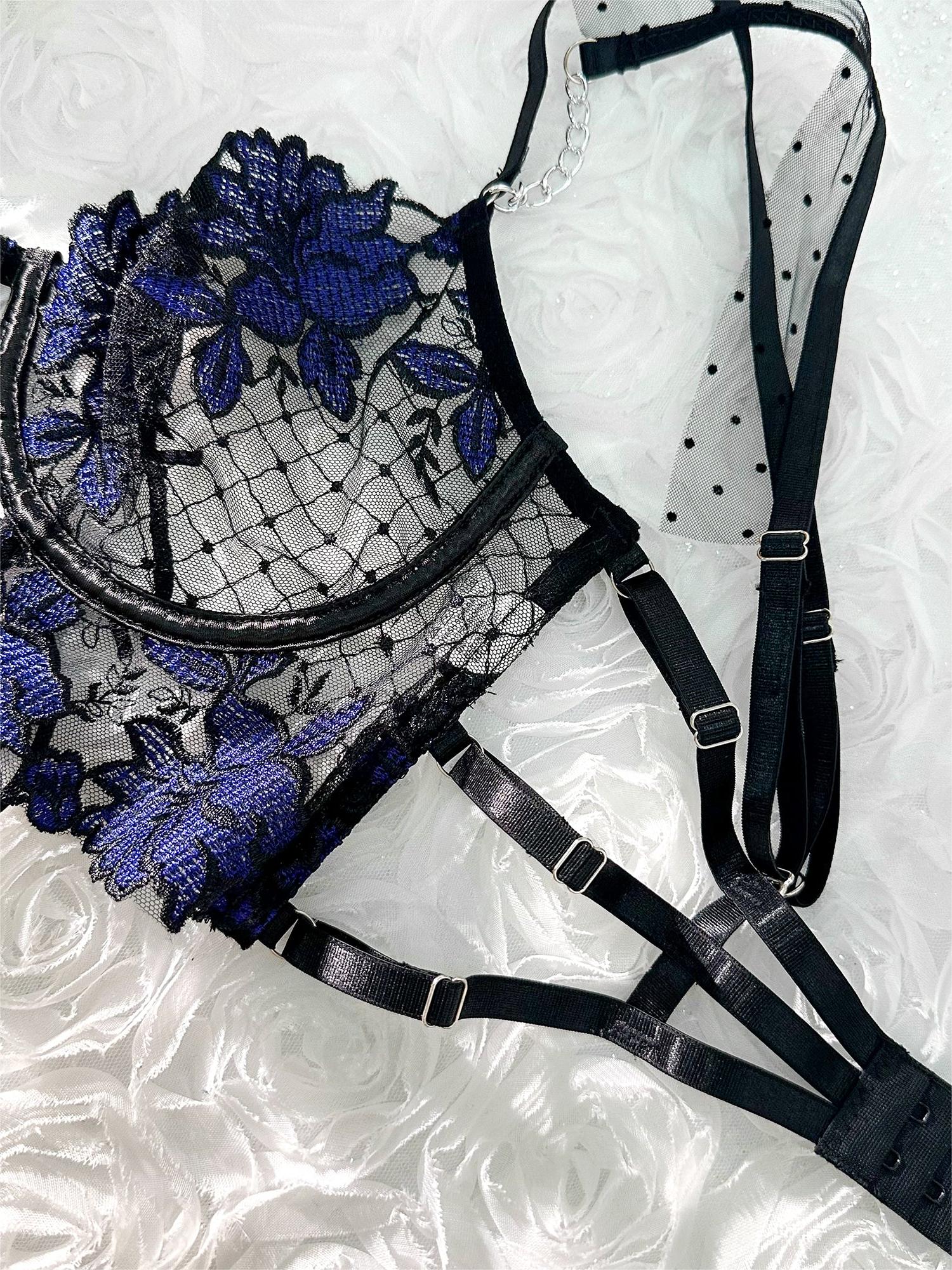 Black&Blue Lace Tie Adjustable Sculpting Body Lingerie Set - Image 12