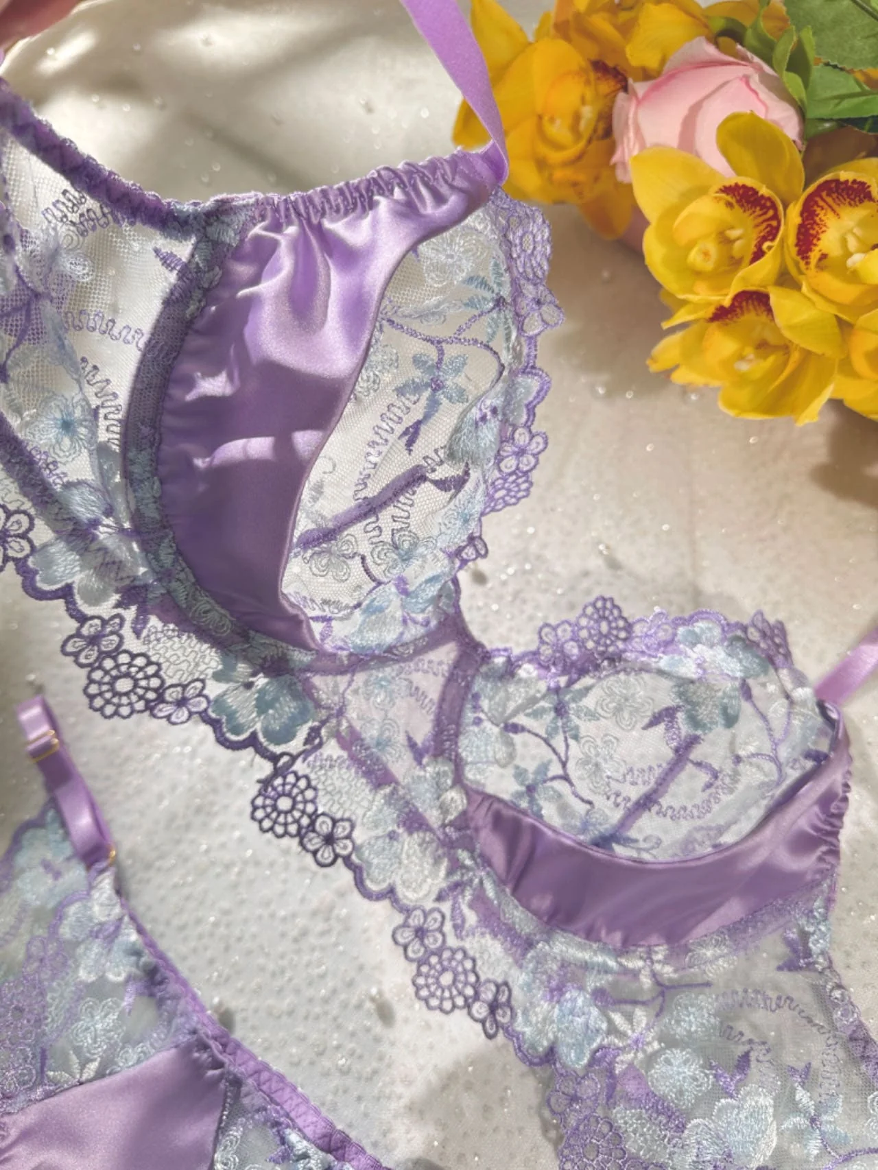 Lavender Floral Embroidered Satin Push-up Lingerie Set - Image 21