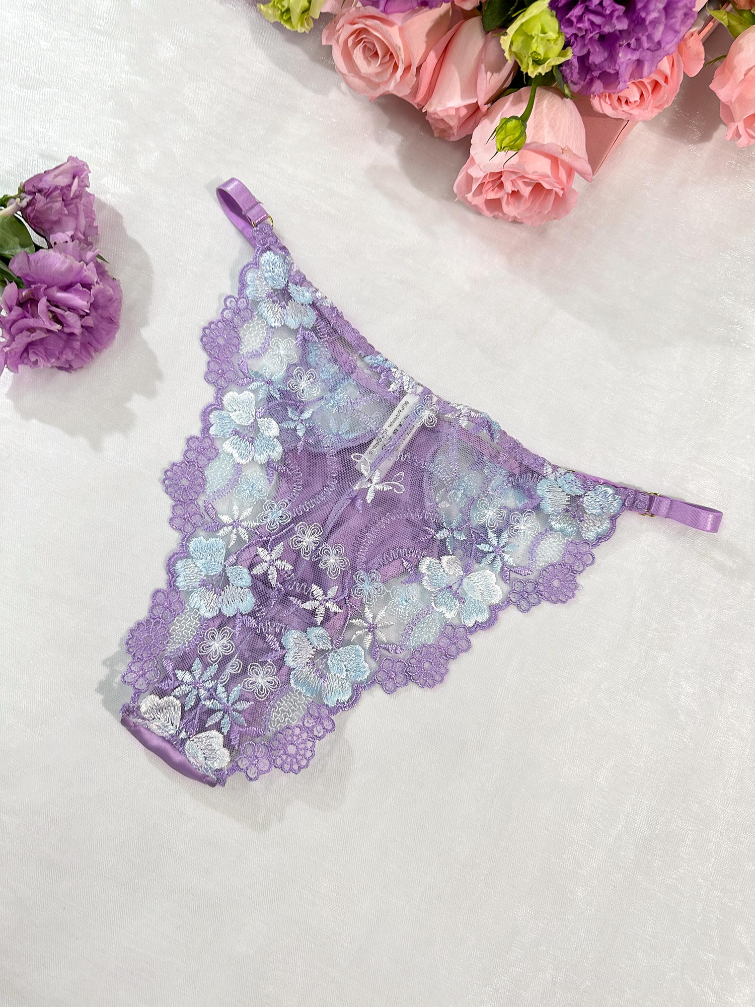 Lavender Floral Satin Lace Embroidery Thong - Image 2