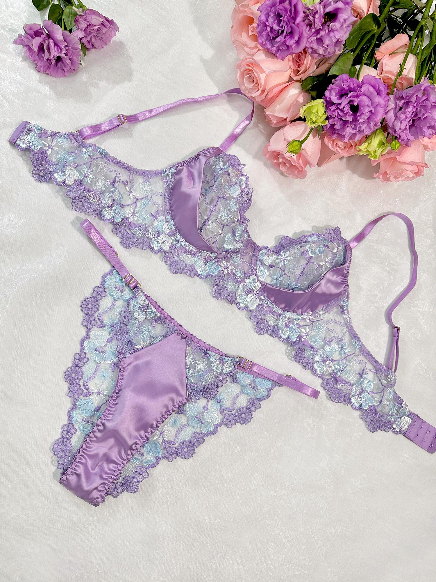 Lavender Floral Satin Lace Embroidery Thong - Image 3
