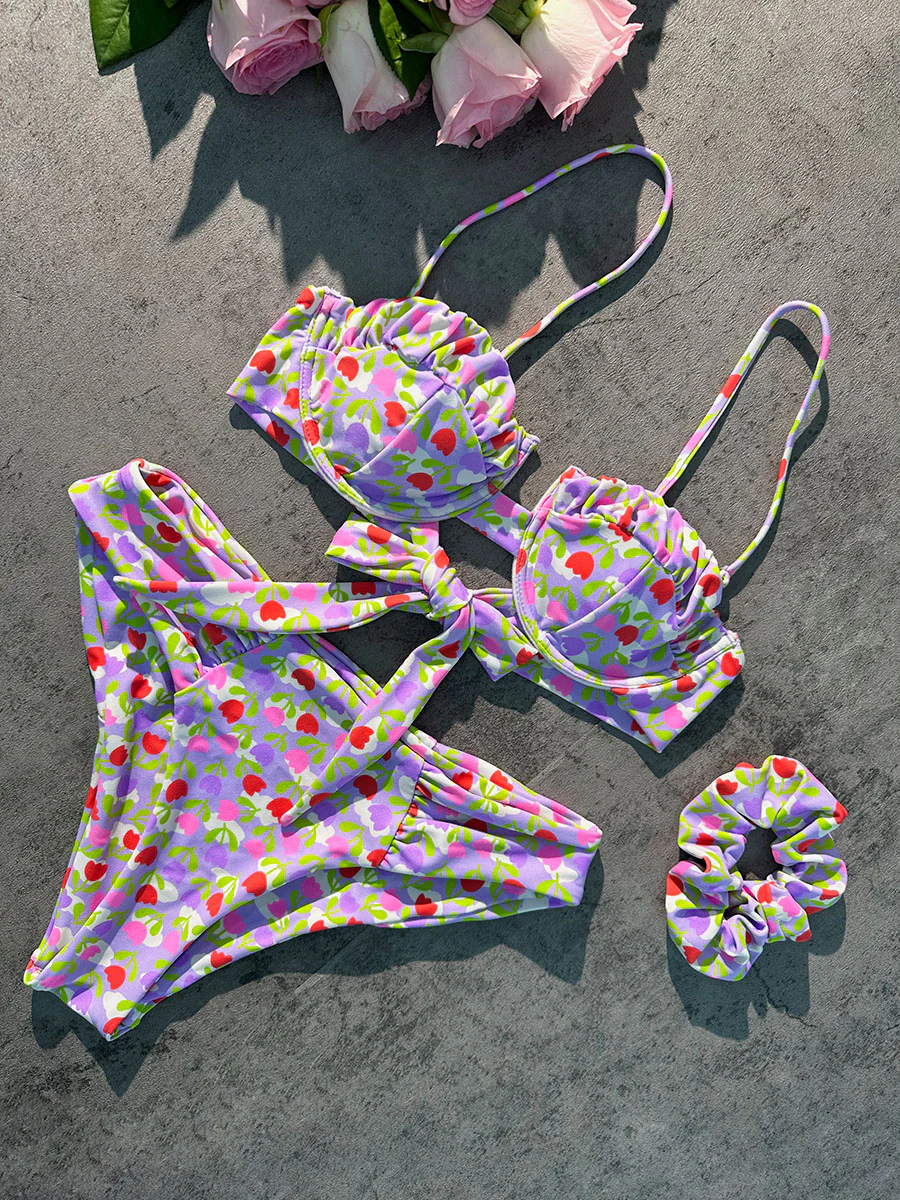 Light Purple Flowers High-Waisted Bikini Set - Image 7