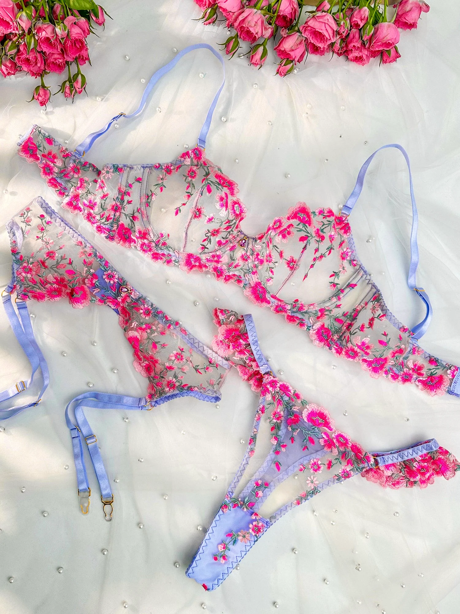Fantasy Pink Bloom Embroidery Lingerie Set - Image 19