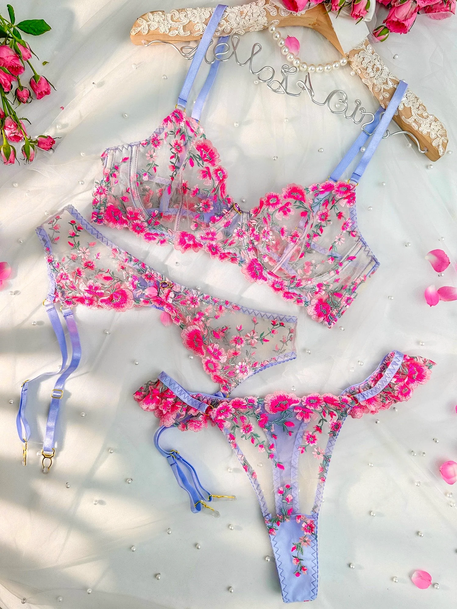 Fantasy Pink Bloom Embroidery Lingerie Set - Image 20