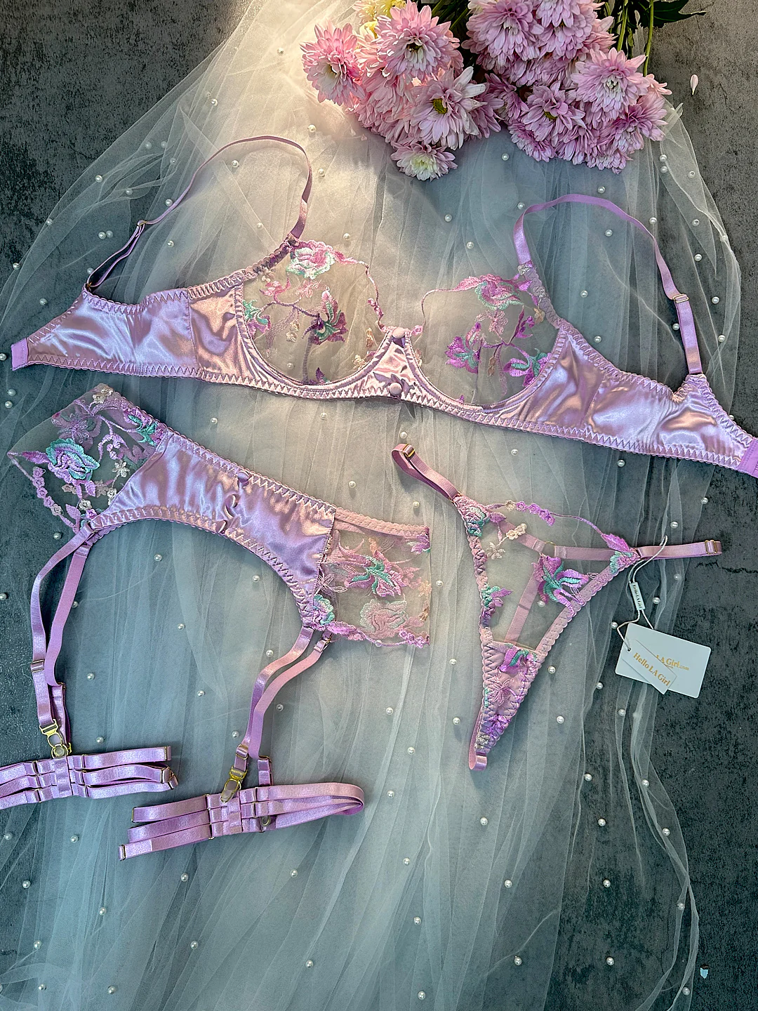 Mesh Embroidered Floral Lingerie Set - Image 6