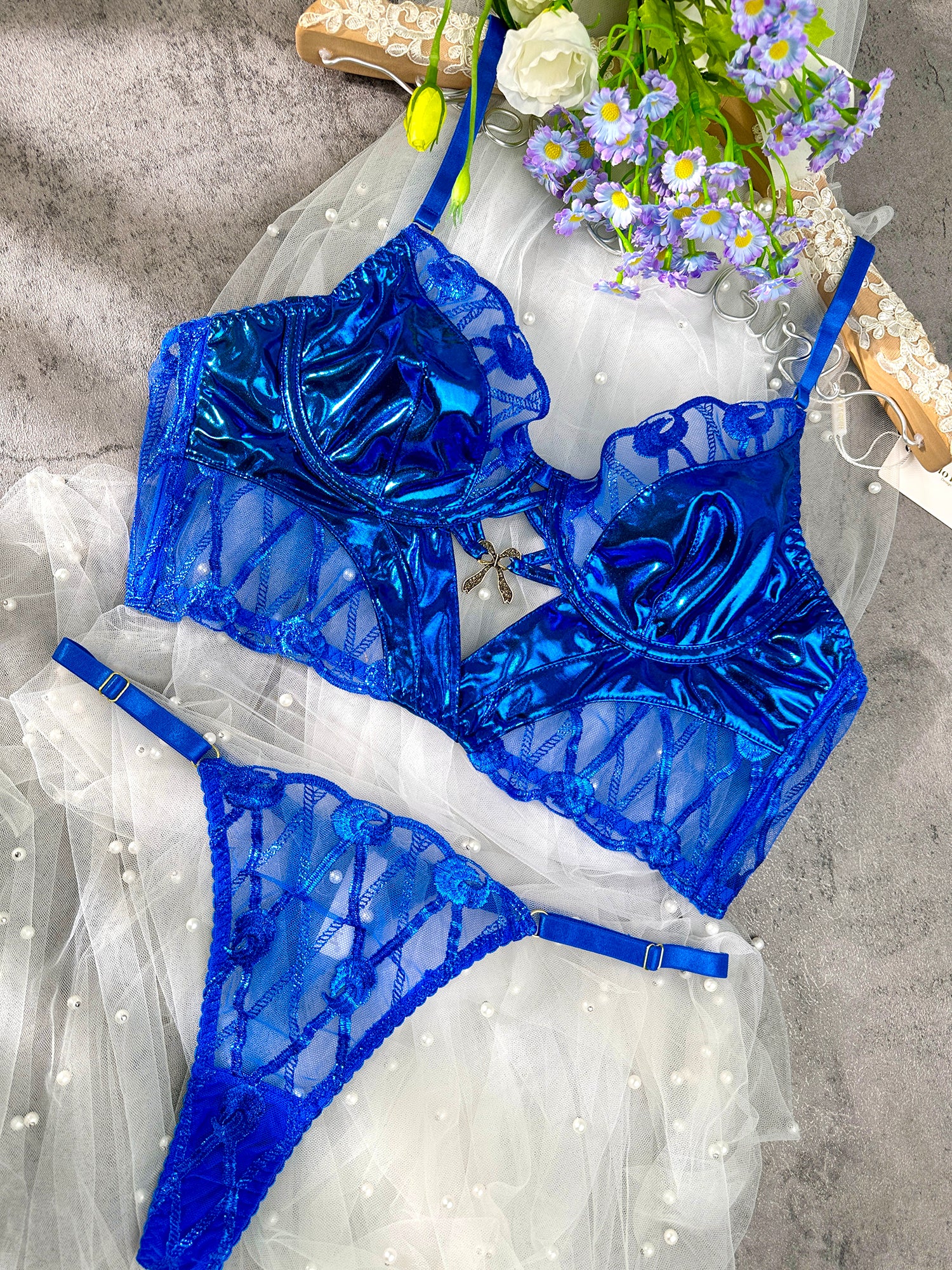 Midnight Blue Leather Lace Embellished Lingerie Set - Image 17