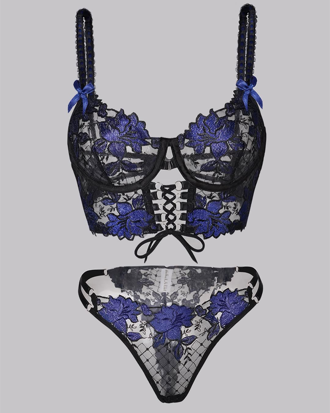 Midnight Sapphire Floral Lace Corset Lingerie Set - Image 3