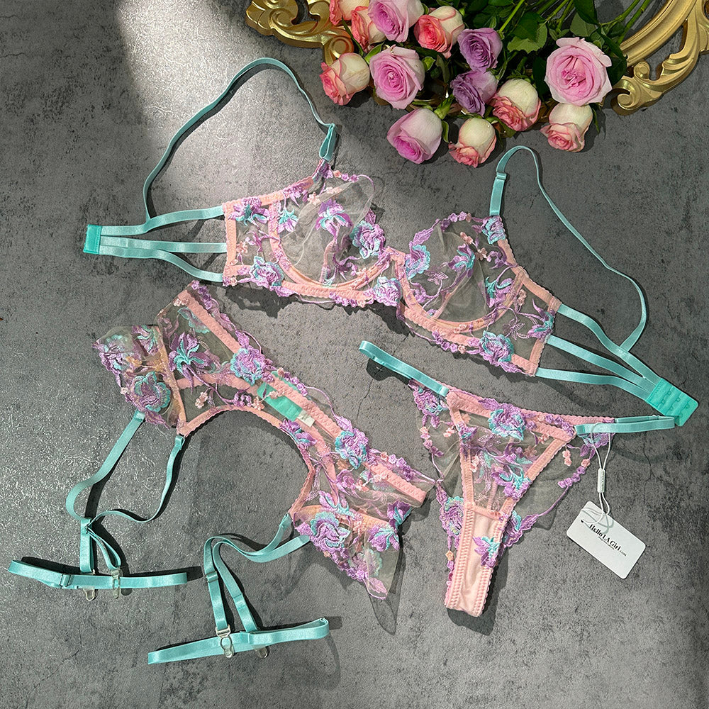 Pastel Floral Embroidery Sheer Lingerie Set - Image 8