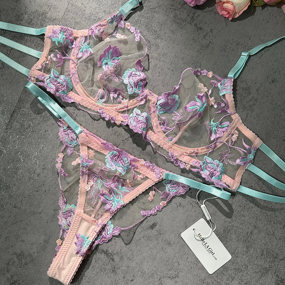 Pastel Floral Embroidery Sheer Lingerie Set - Image 9
