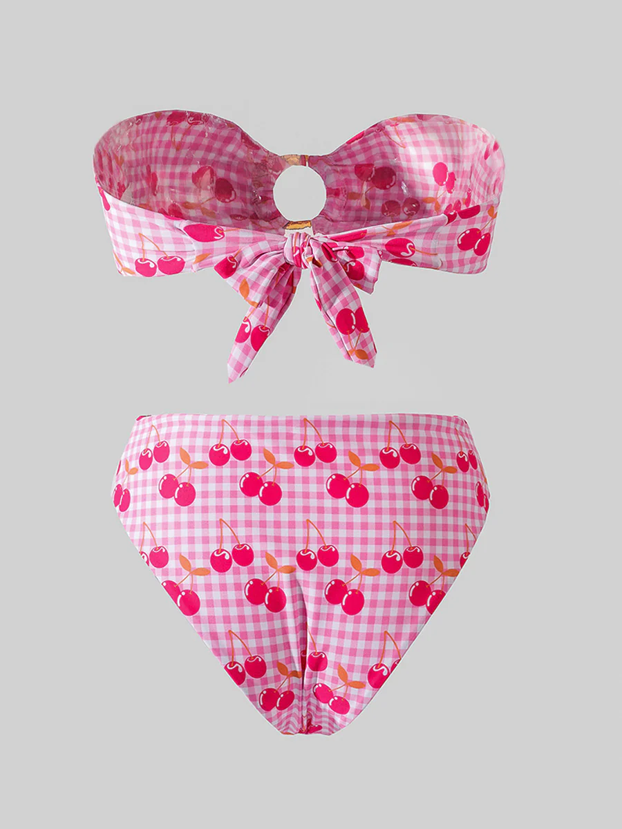 Pink Cherry Double layer High-Waisted Bikini Set - Image 6