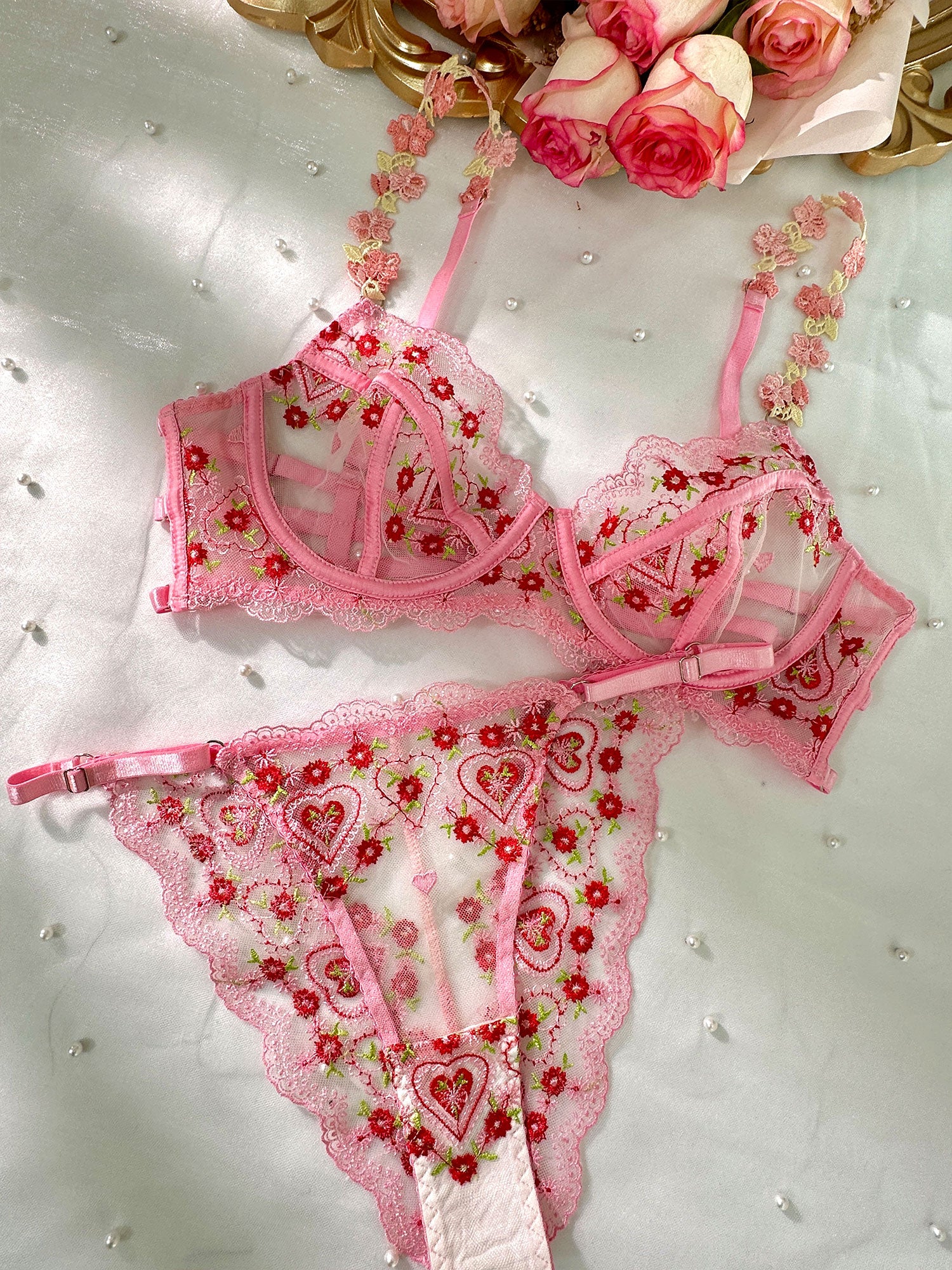 Pink Cute Sweetheart Lace Embroidery Thong - Image 2