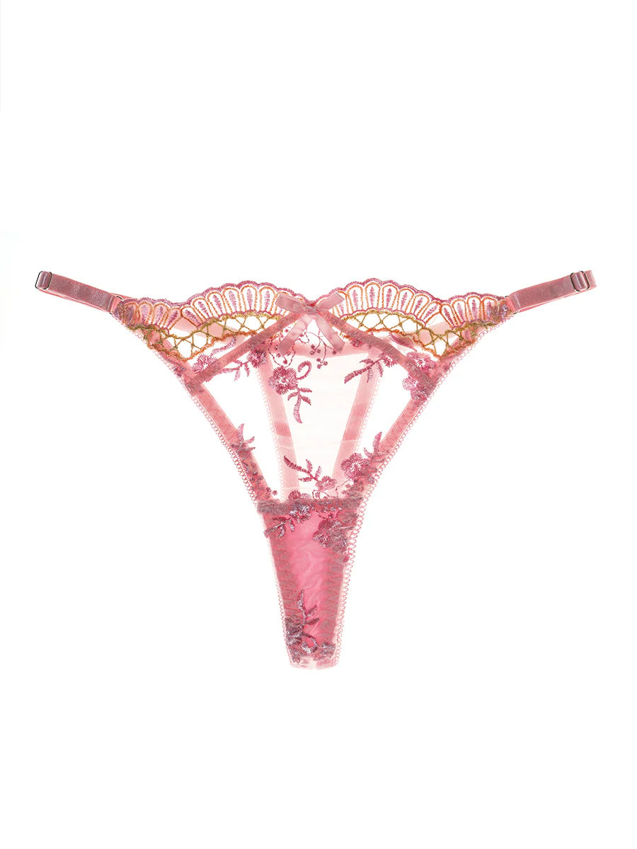 Pink Floral Bow Detail Sheer Mesh Thong