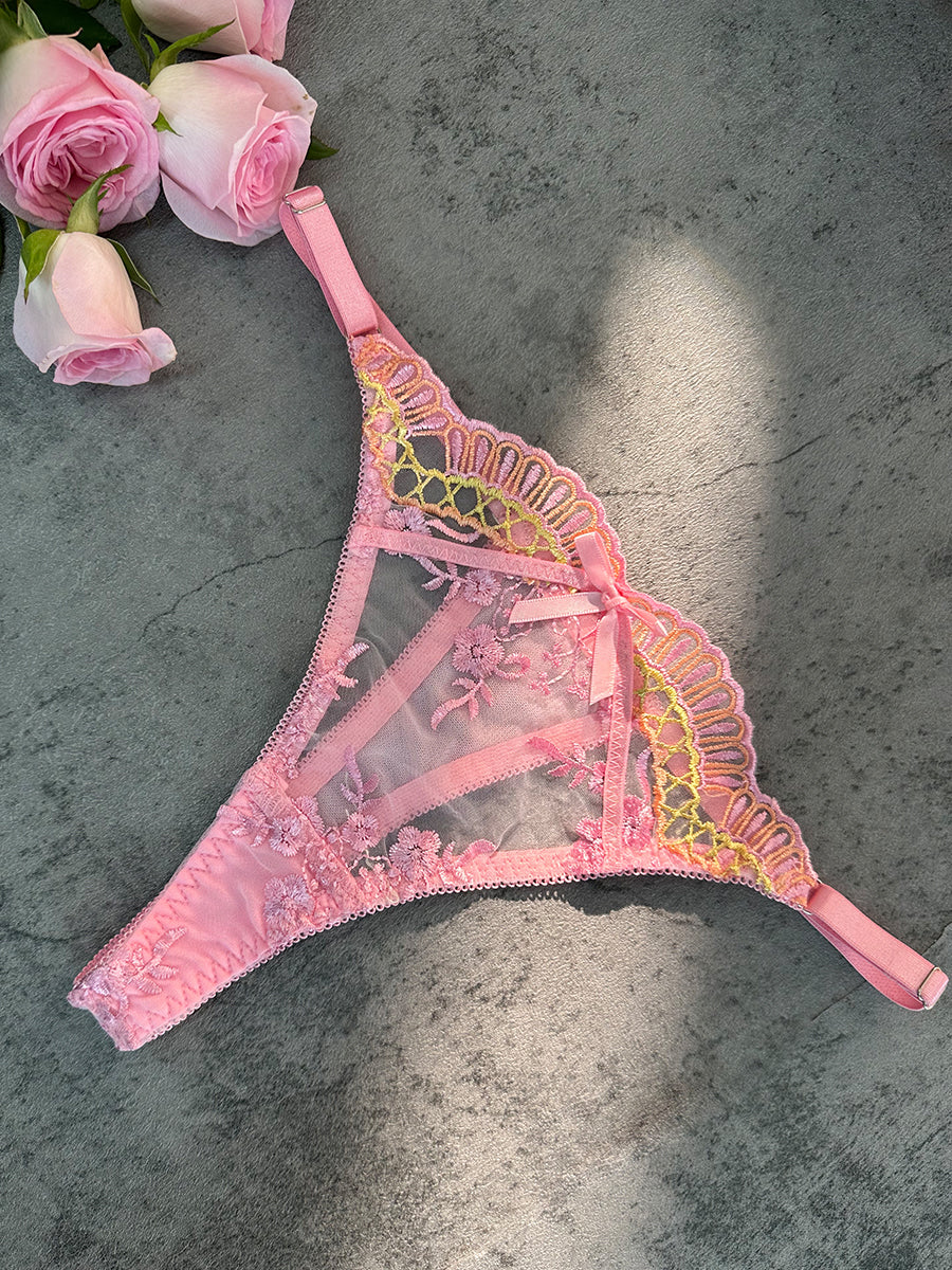Pink Floral Bow Detail Sheer Mesh Thong - Image 2