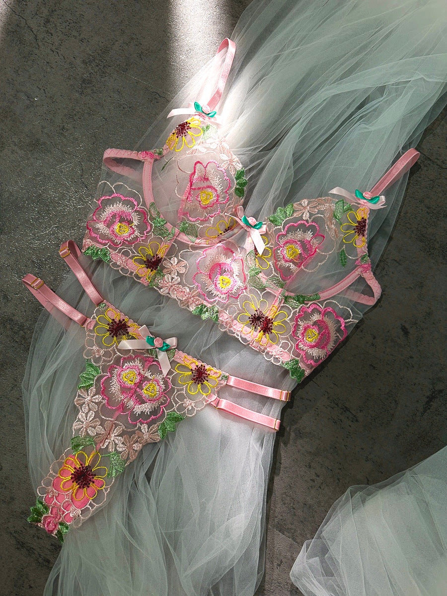 Pink Floral Embroidery  Lingerie Set - Image 9