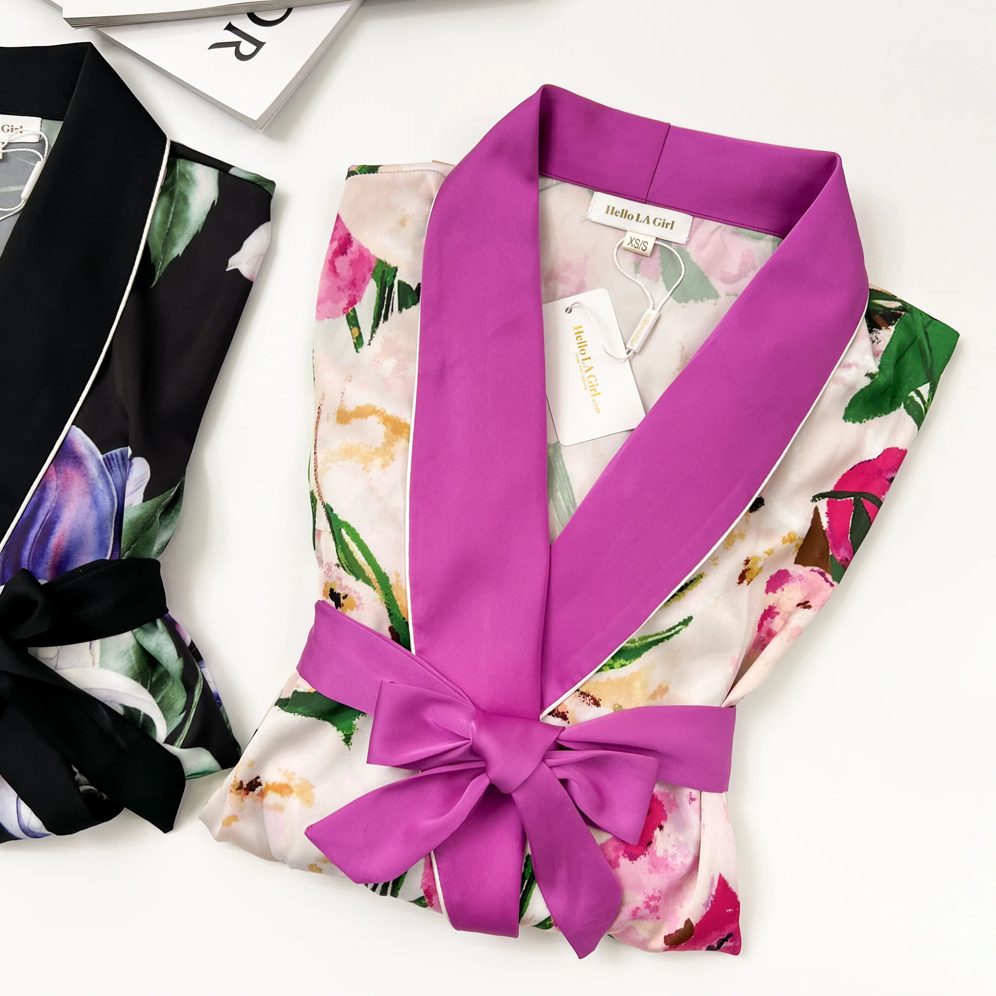 Pink Flower Print Purple Silky Satin Robe With Belt - Image 6