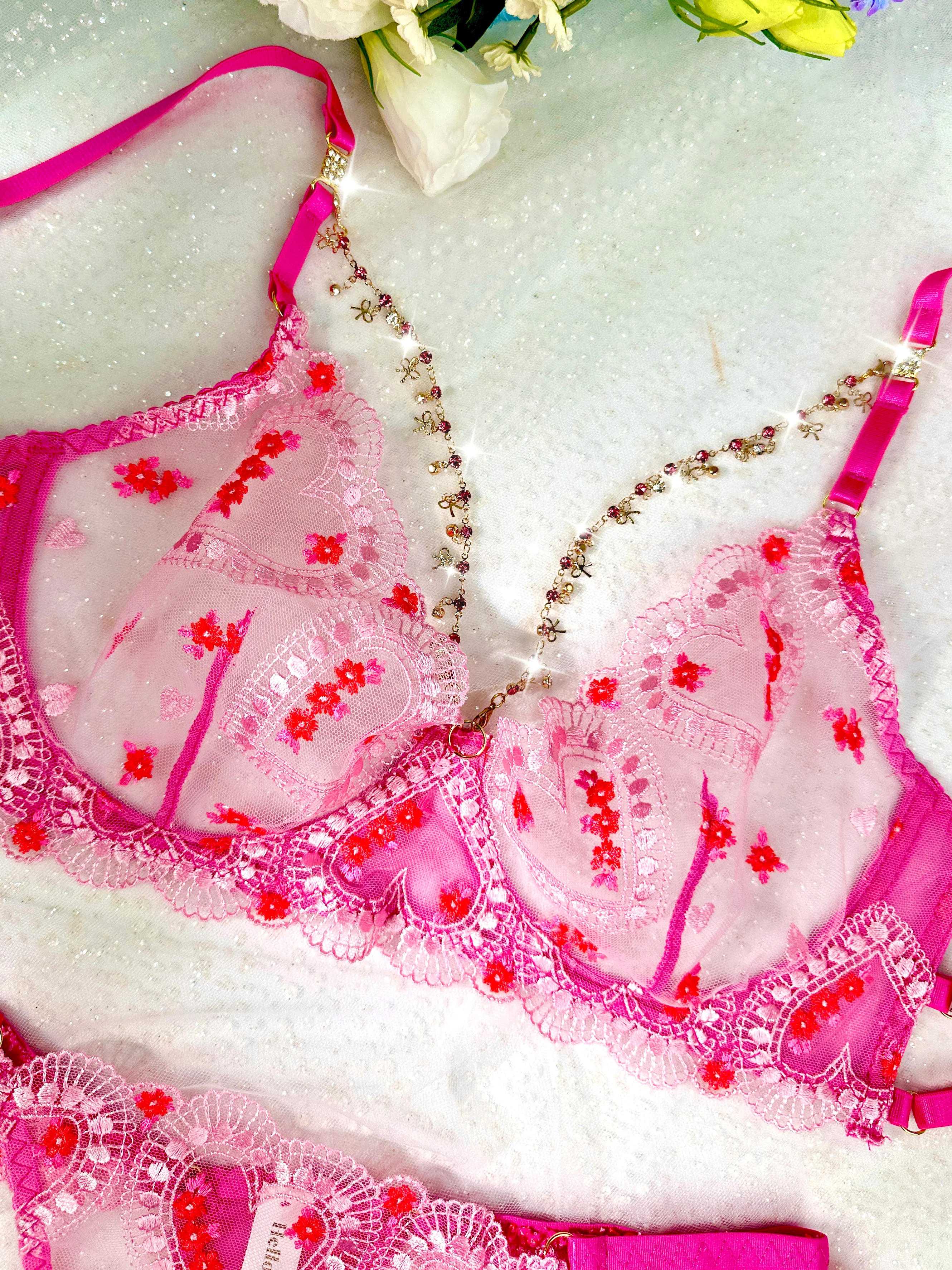 Pink Heart-Embellished Sheer Lingerie Set - Image 5