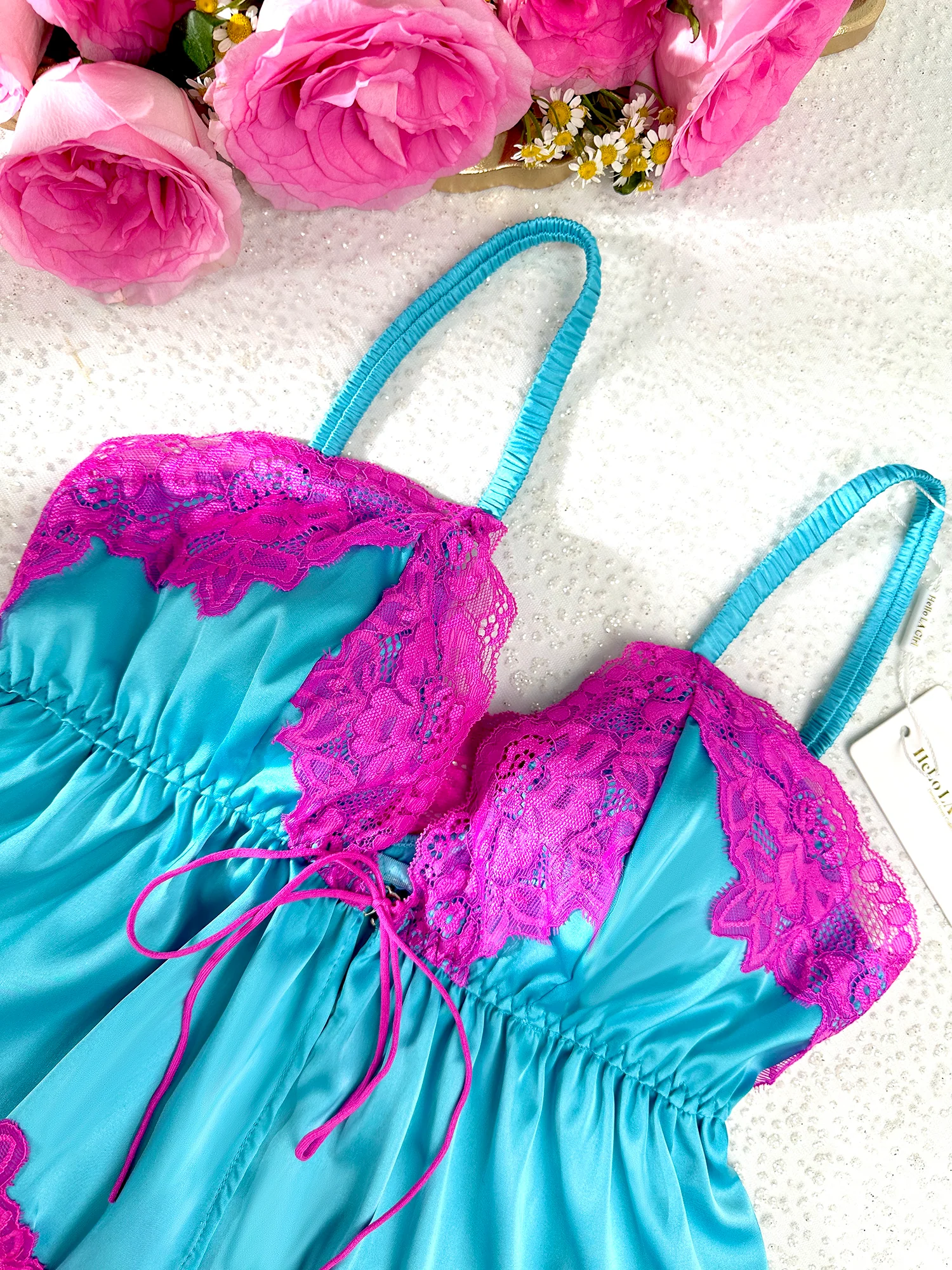 Pink Lace & Blue Silk Contrast Lingerie Set - Image 11