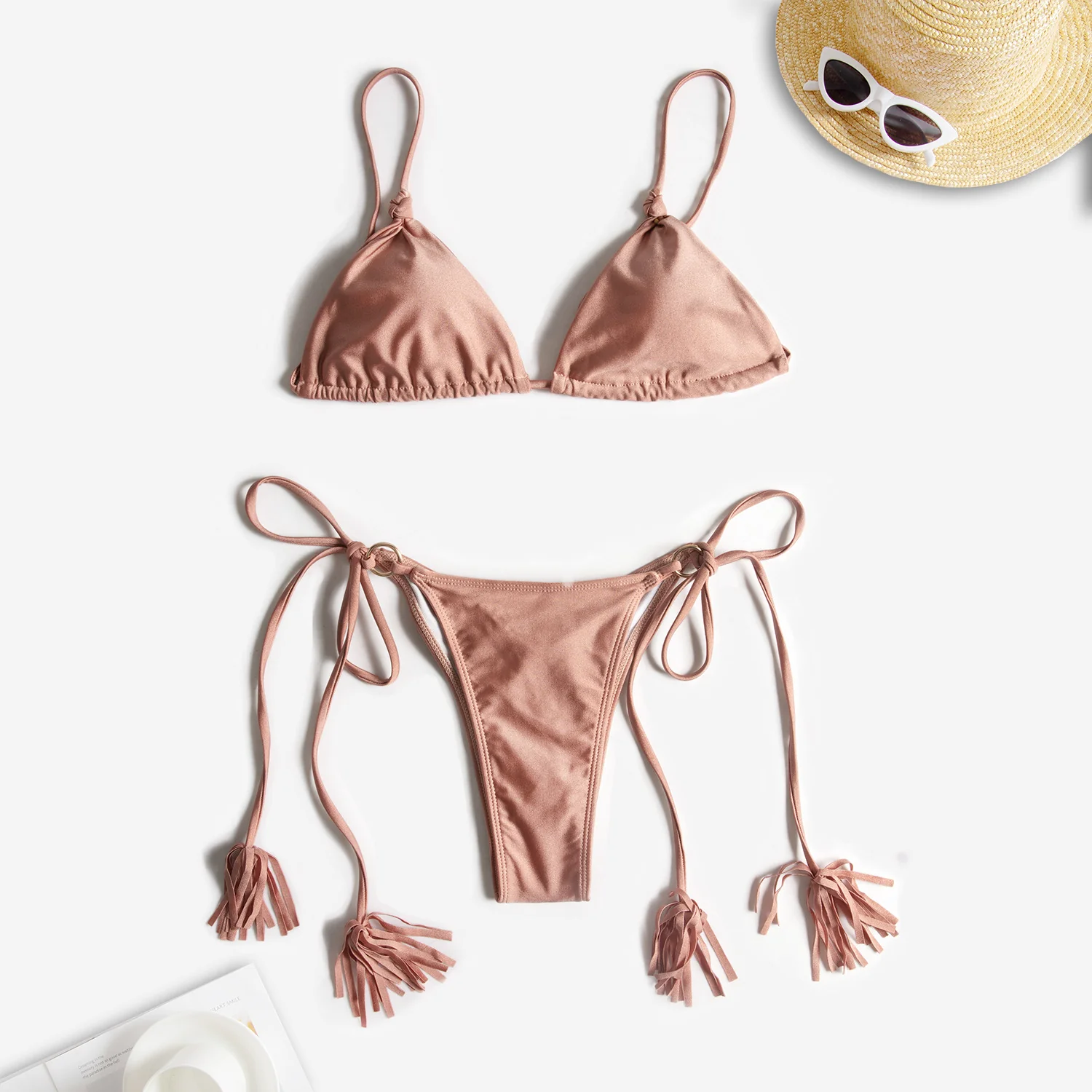 Pink Lace Up Triangle Bikini Set - Image 3