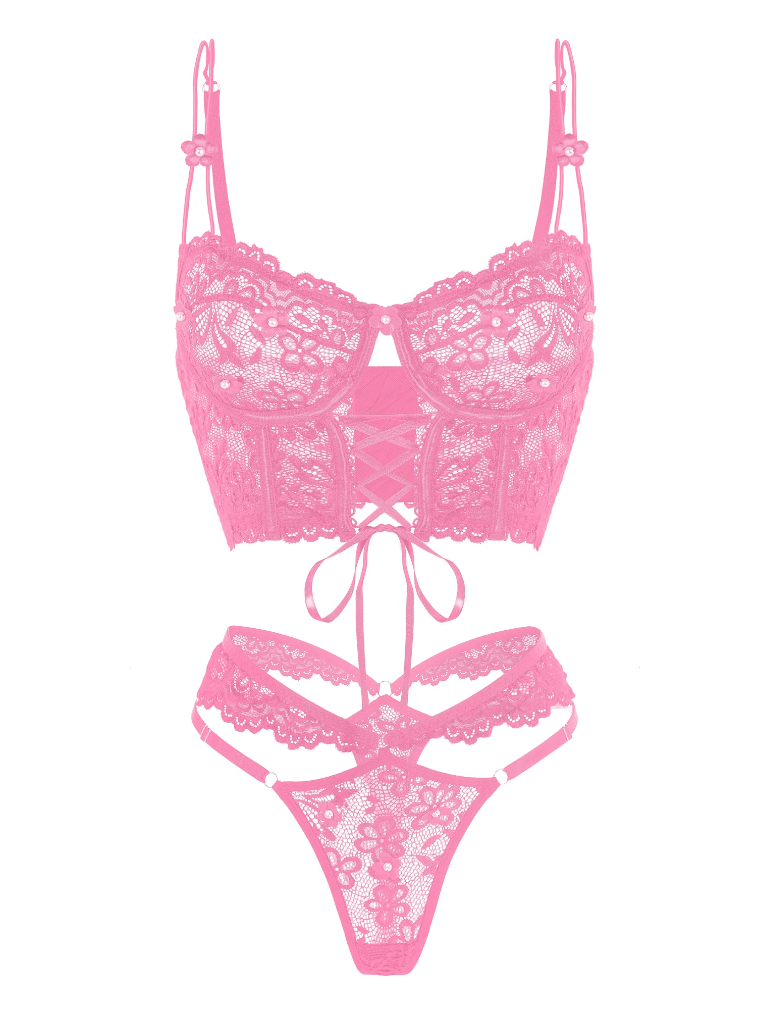 Pink Pearls Small Flower Lace Lingerie Set - Image 3