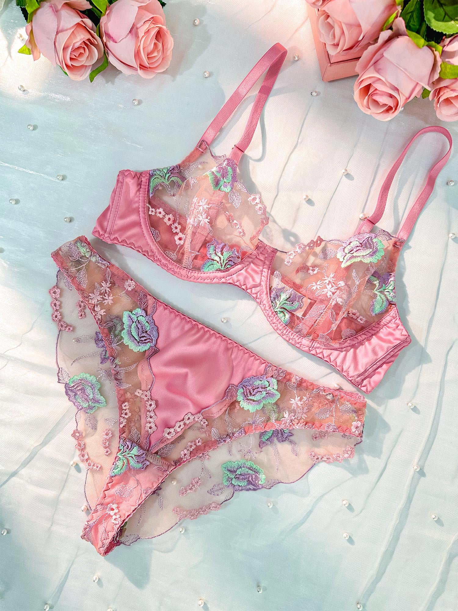 Pink Petals Embroidered Lingerie Set - Image 2