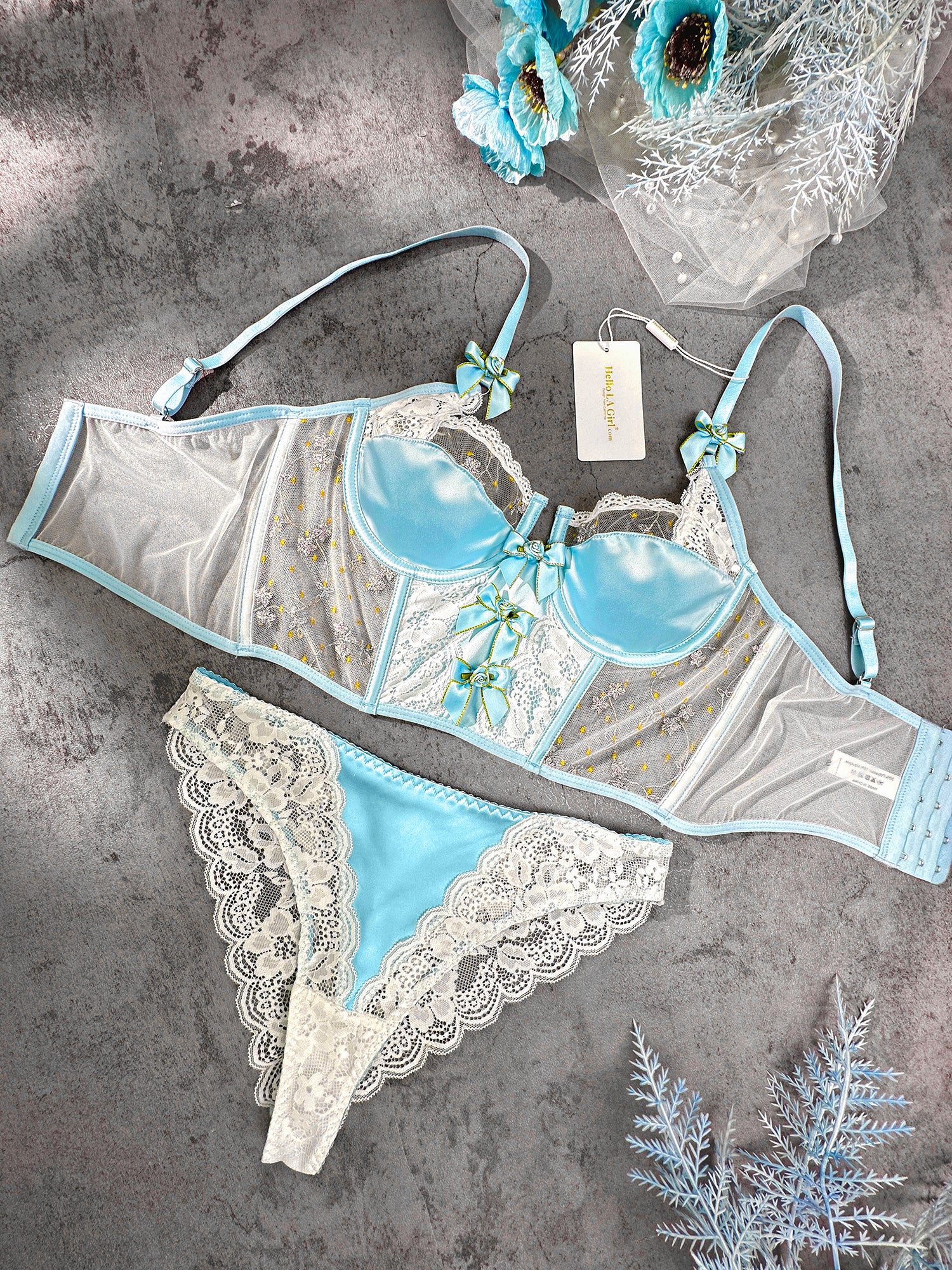Baby Blue Satin Rosette Bow Lingerie Set - Image 16