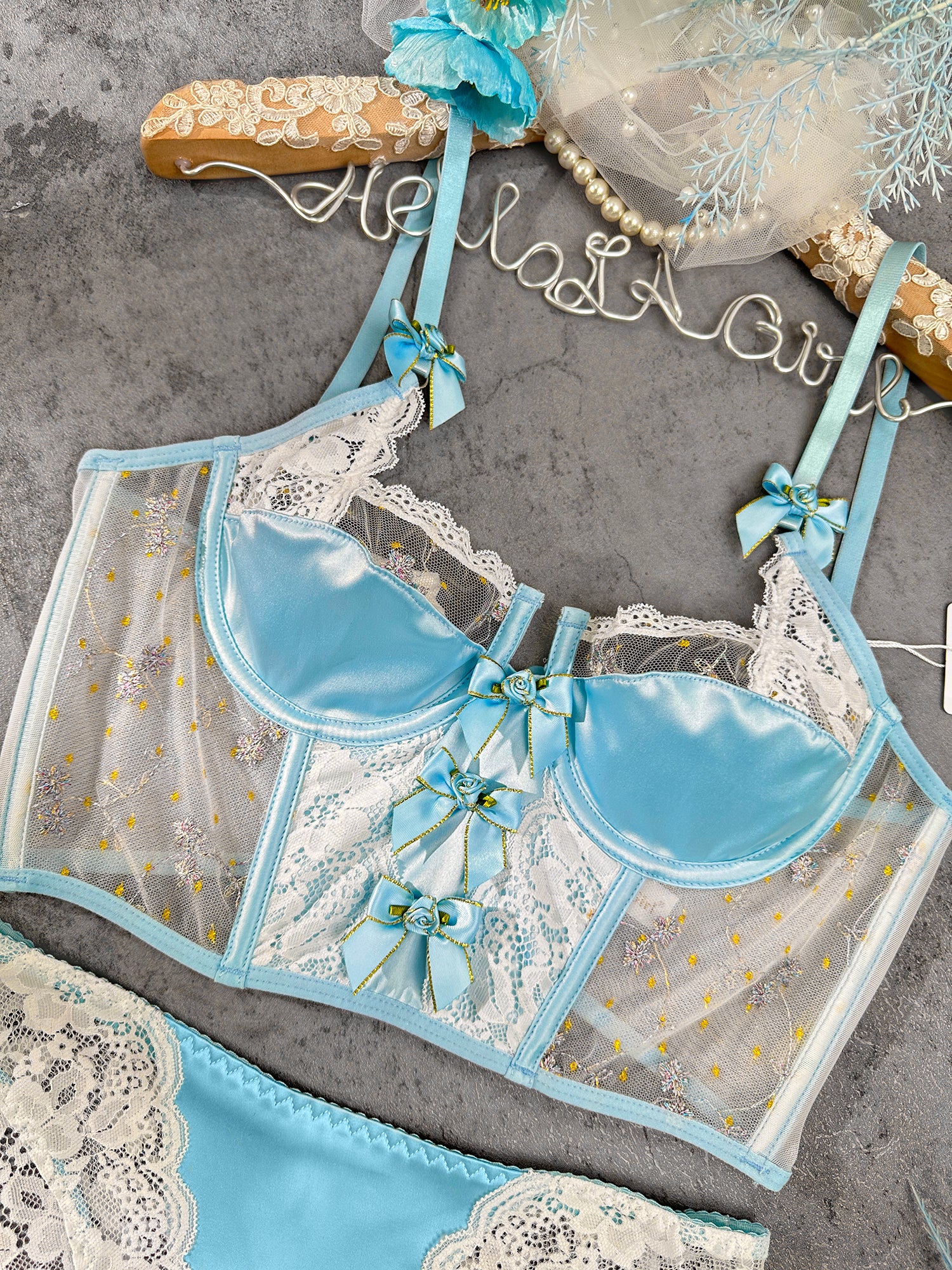 Baby Blue Satin Rosette Bow Lingerie Set - Image 17