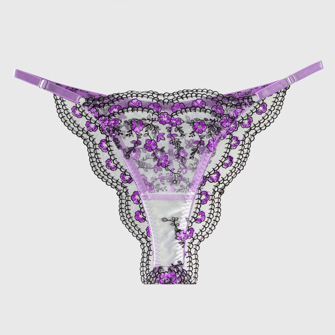 Purple /Blue Flowers Embroidery Black Trimmed Thong - Image 3