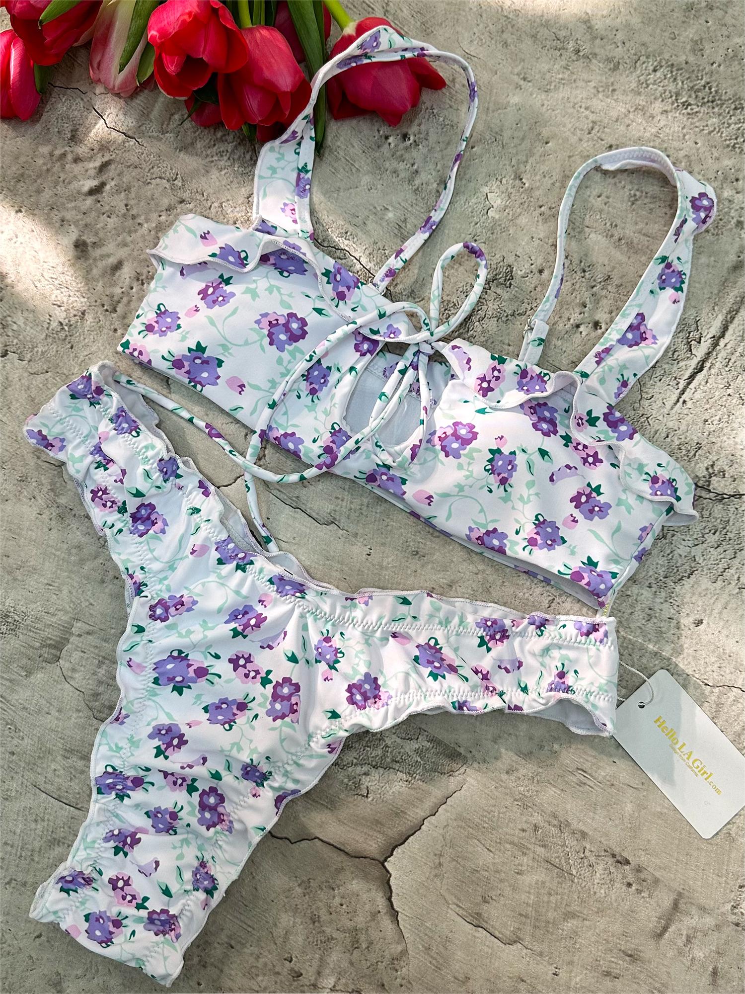 Purple Digital Printing Lace Push Up Hollow Bikini Set - Image 5