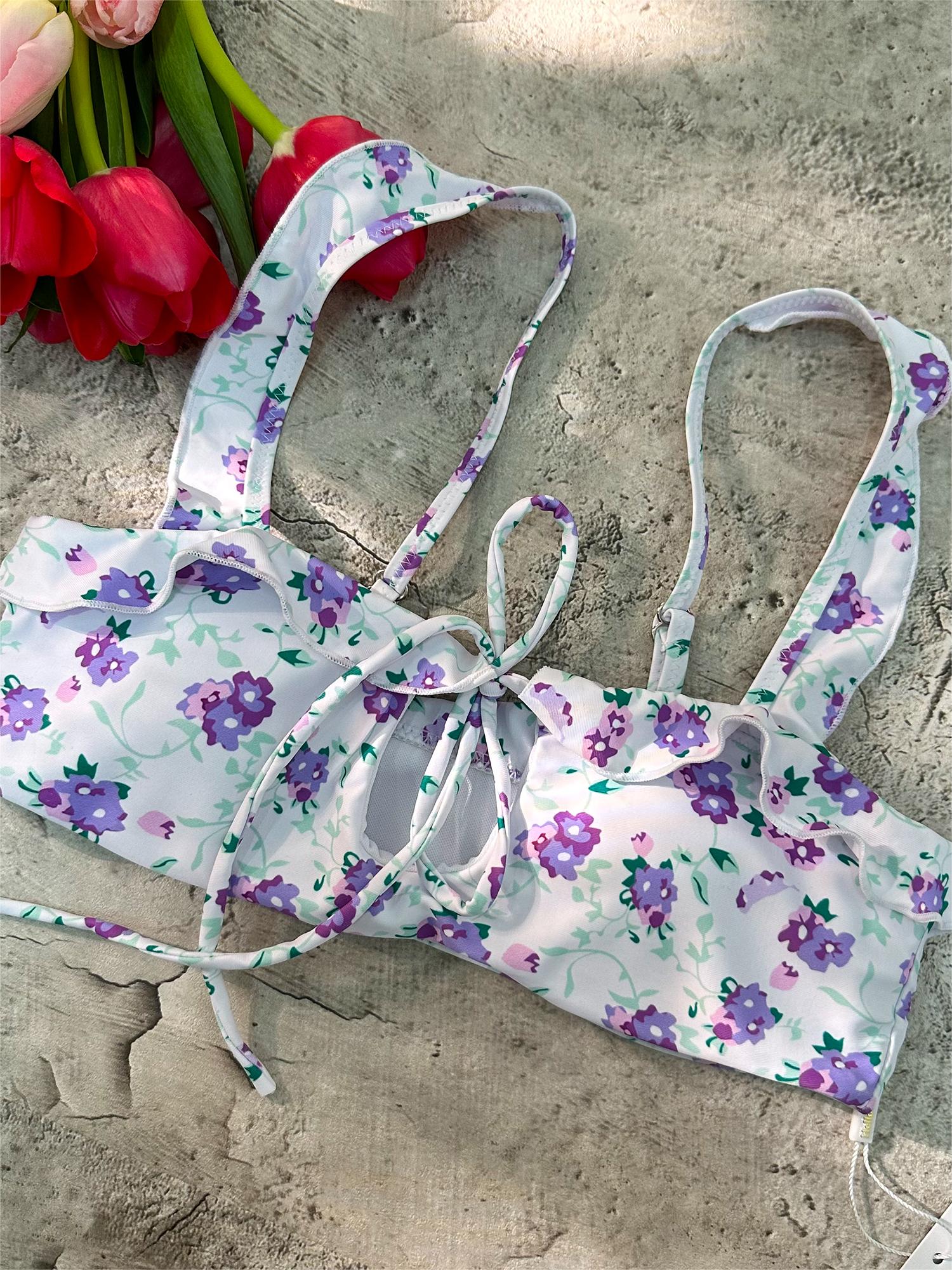 Purple Digital Printing Lace Push Up Hollow Bikini Set - Image 6
