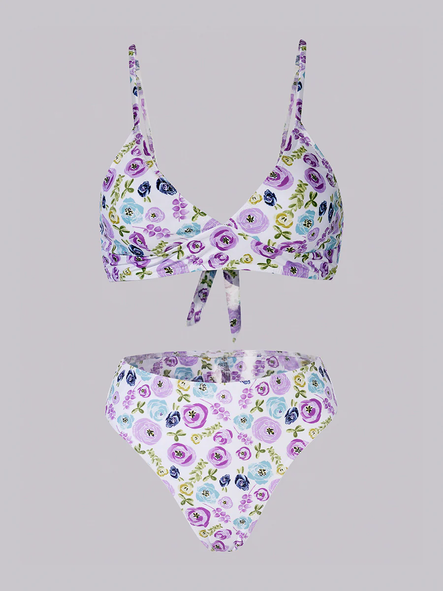 Purple &Green Floral Double layer High-Waisted Bikini Set - Image 4