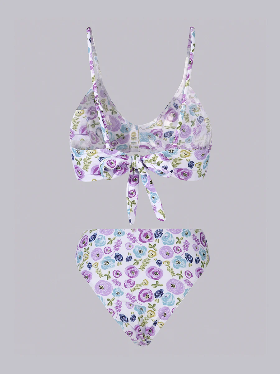 Purple &Green Floral Double layer High-Waisted Bikini Set - Image 5