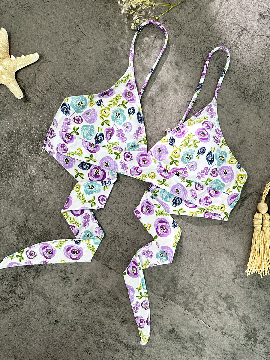 Purple &Green Floral Double layer High-Waisted Bikini Set - Image 7