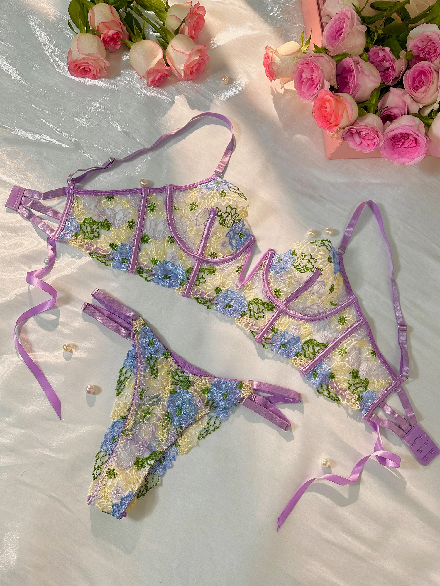 Purple Florals Embroidery Bustier Lingerie Set - Image 10