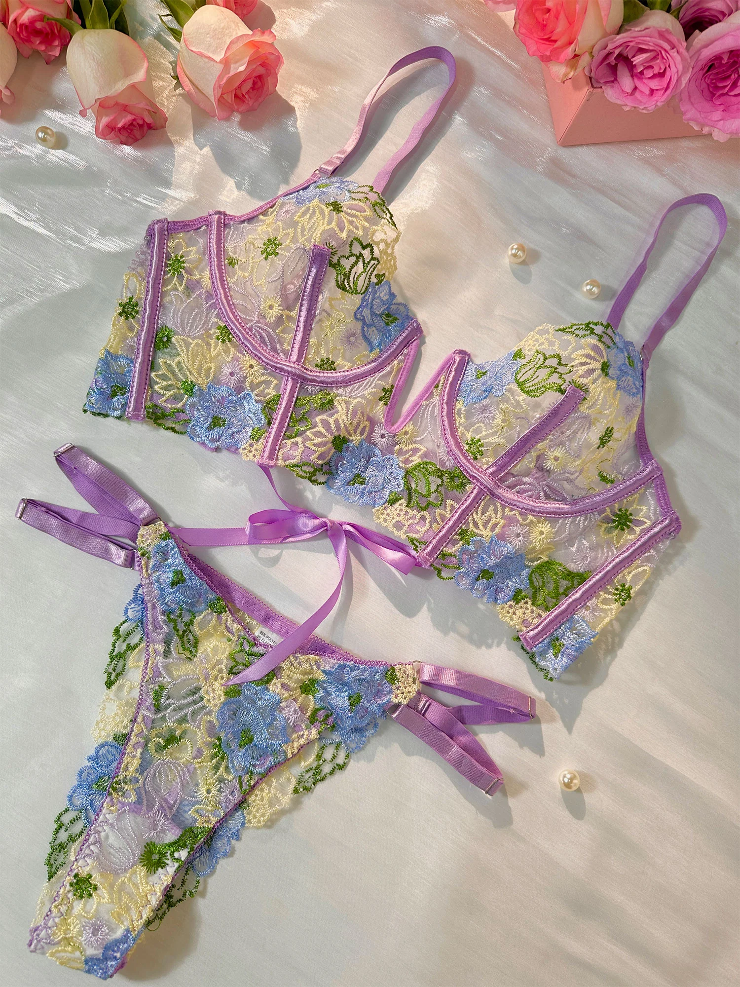 Purple Florals Embroidery Bustier Lingerie Set - Image 11