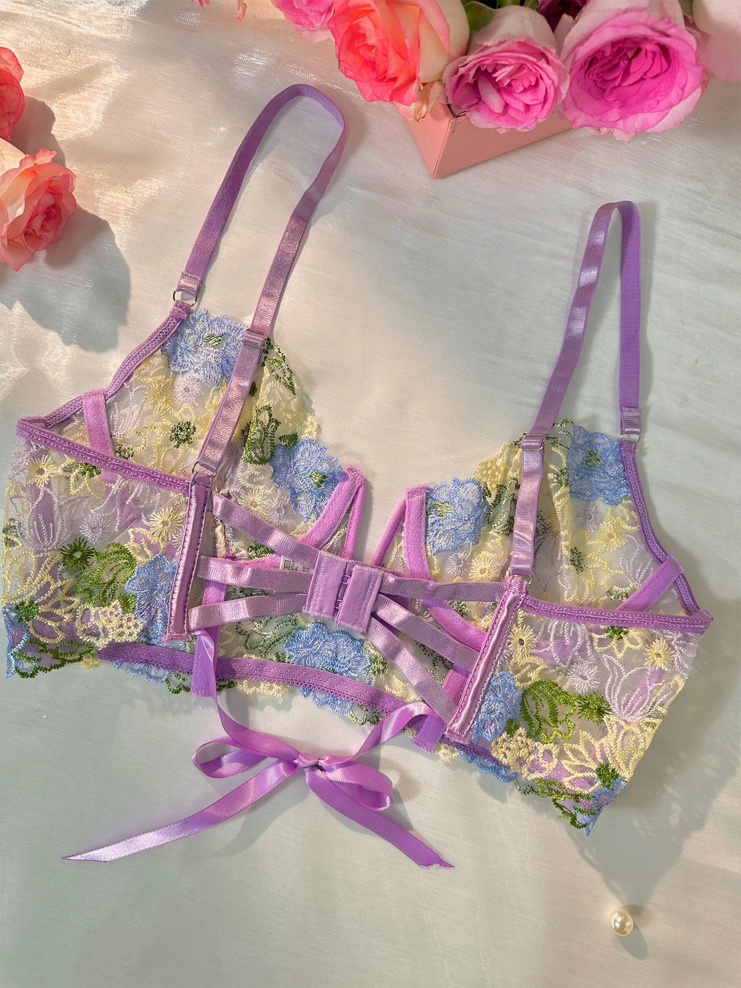 Purple Florals Embroidery Bustier Lingerie Set - Image 12