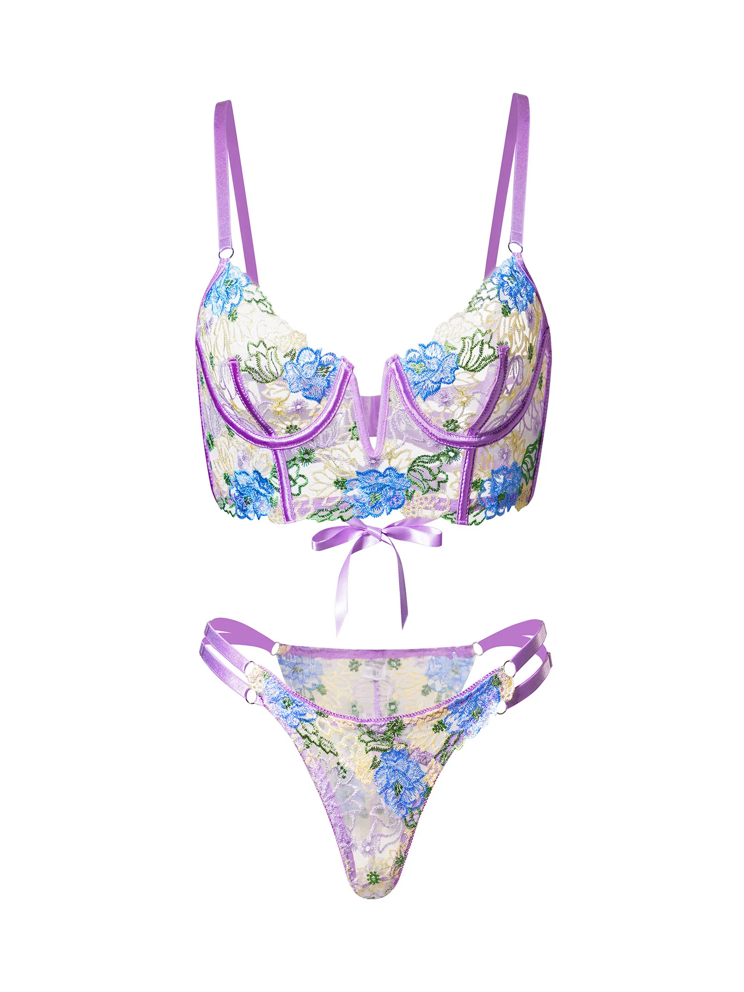 Purple Florals Embroidery Bustier Lingerie Set - Image 4
