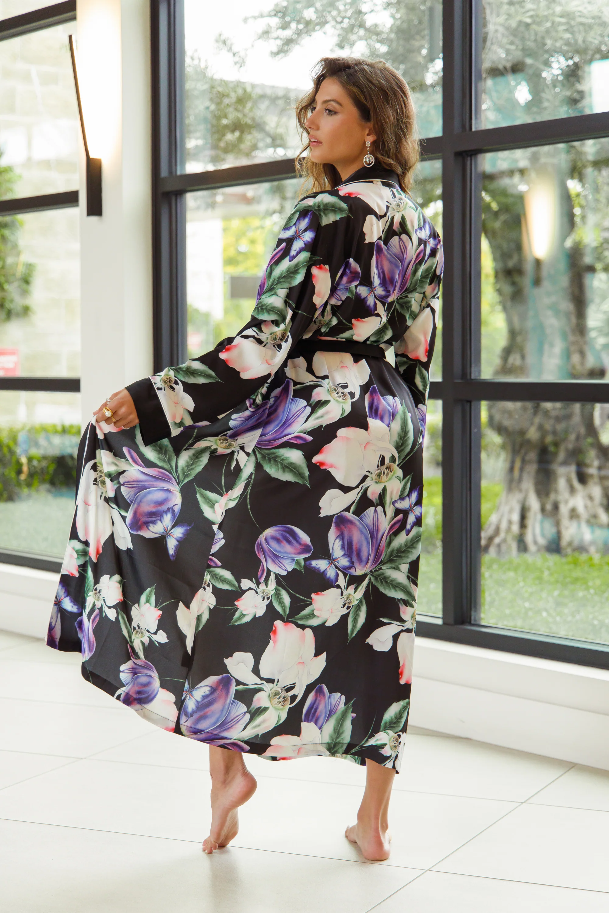 Purple Flower Print Silky Satin Robe With Belt - Image 3