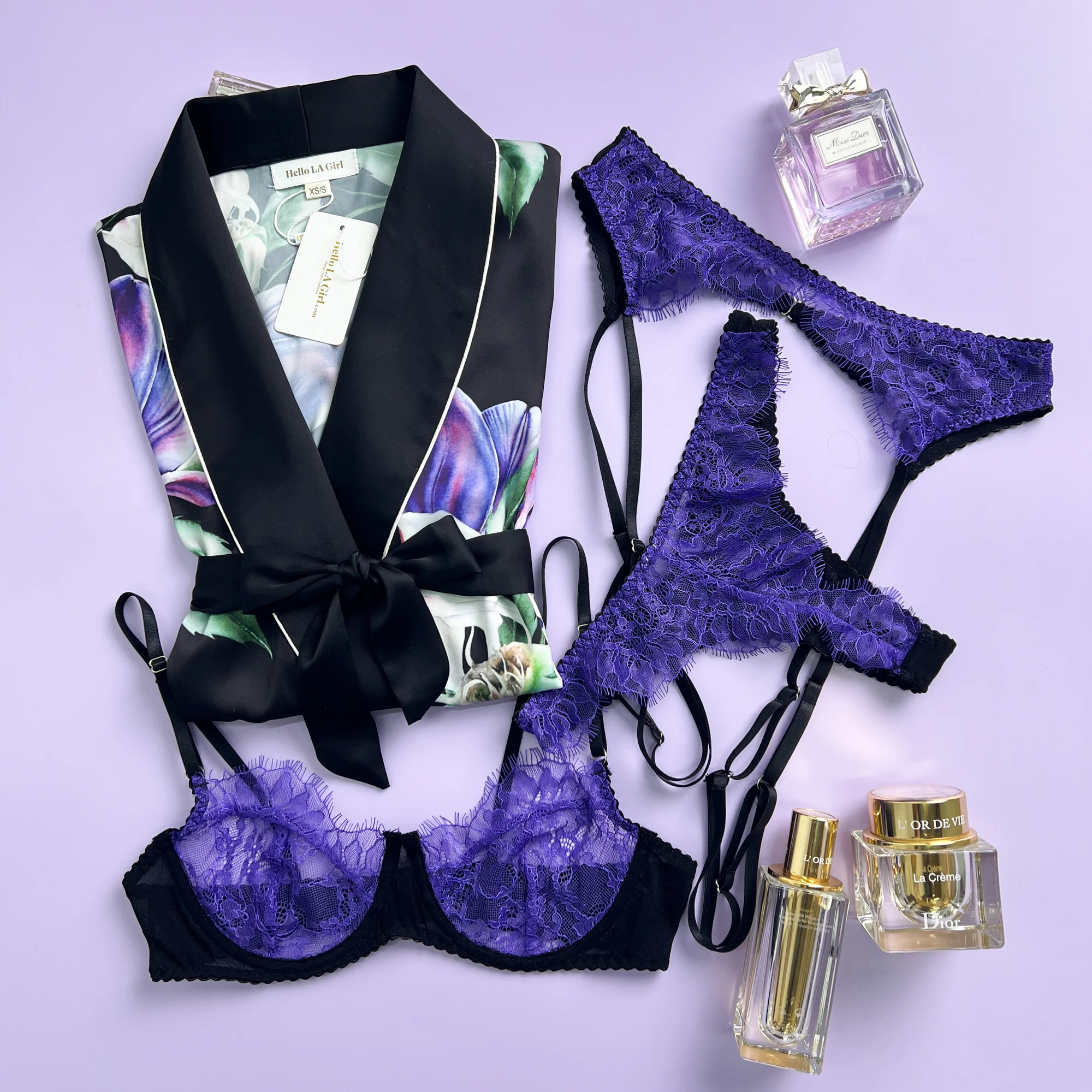 Purple Flower Print Silky Satin Robe With Belt - Image 4