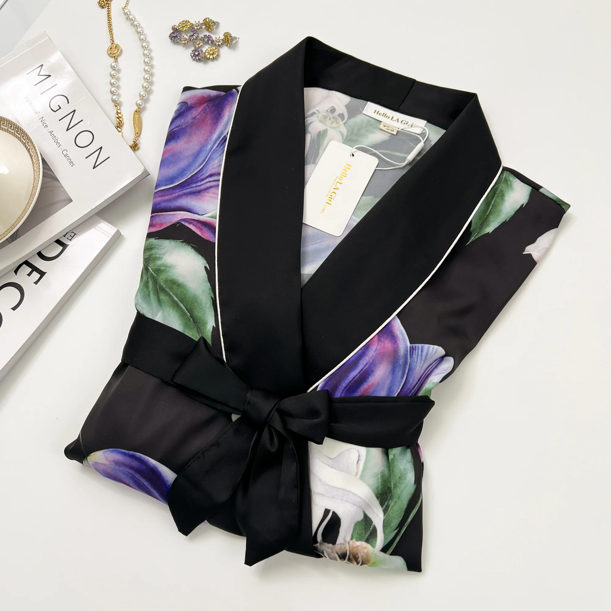 Purple Flower Print Silky Satin Robe With Belt - Image 7